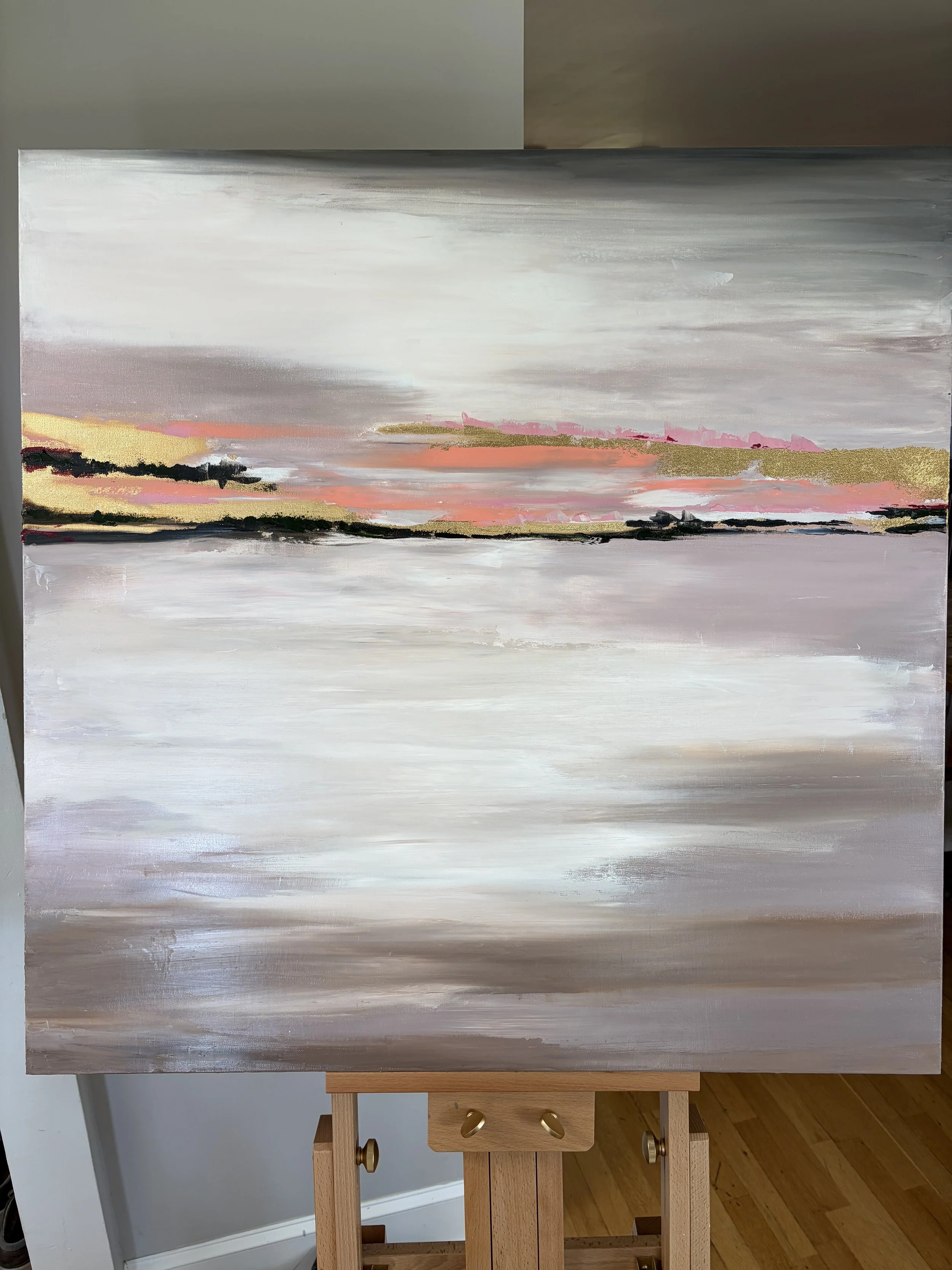 large abstract oil painting with gold leaf horizon, blush tones, 30x30 linen canvas, contemporary landscape wall art, blush-and-burnish-oil-painting-gold-leaf-georgina-gilmore.jpg