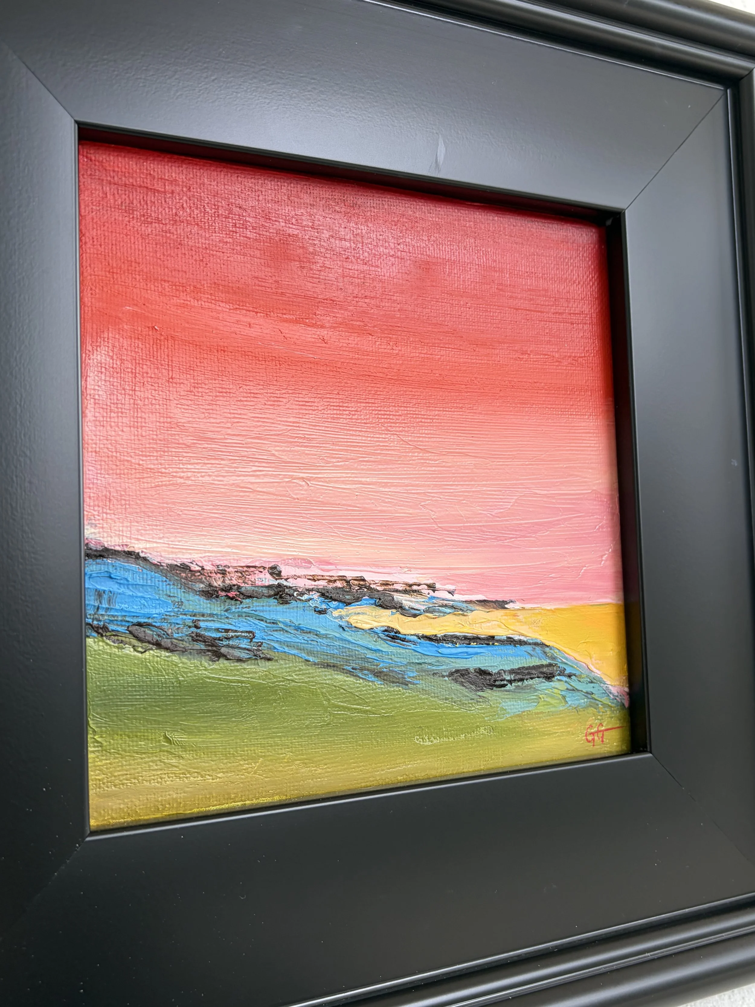 original oil painting North Downs Britain sunset landscape with flowers, 6x6 linen canvas, textured impressionist artwork framed, Georgina Gilmore