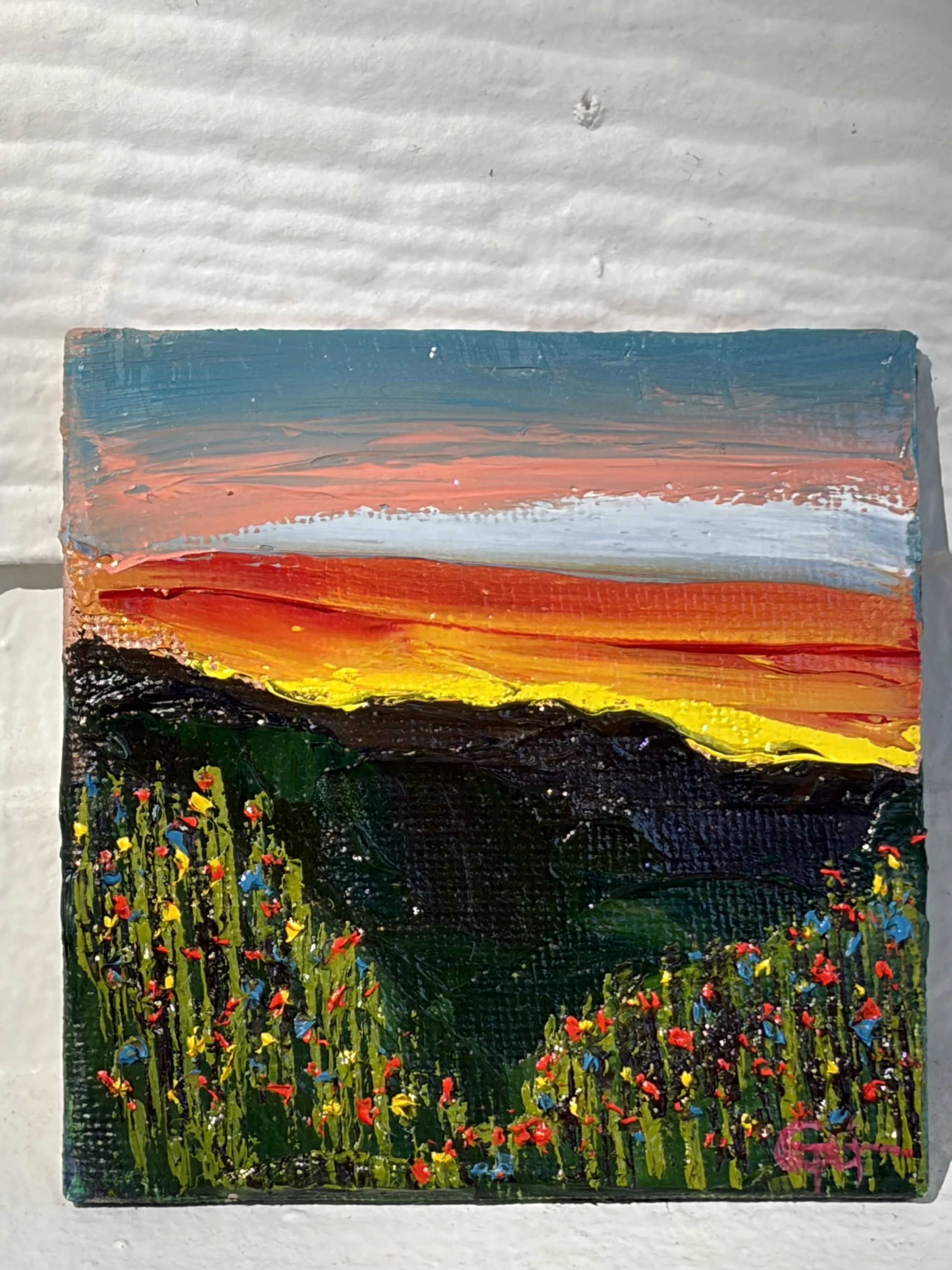 mini oil painting pink sunset sky, 3x3 original artwork, soft dusk tones, contemporary small framed art, Georgina Gilmore, Wildflower mini art, original oil painting, mini painting