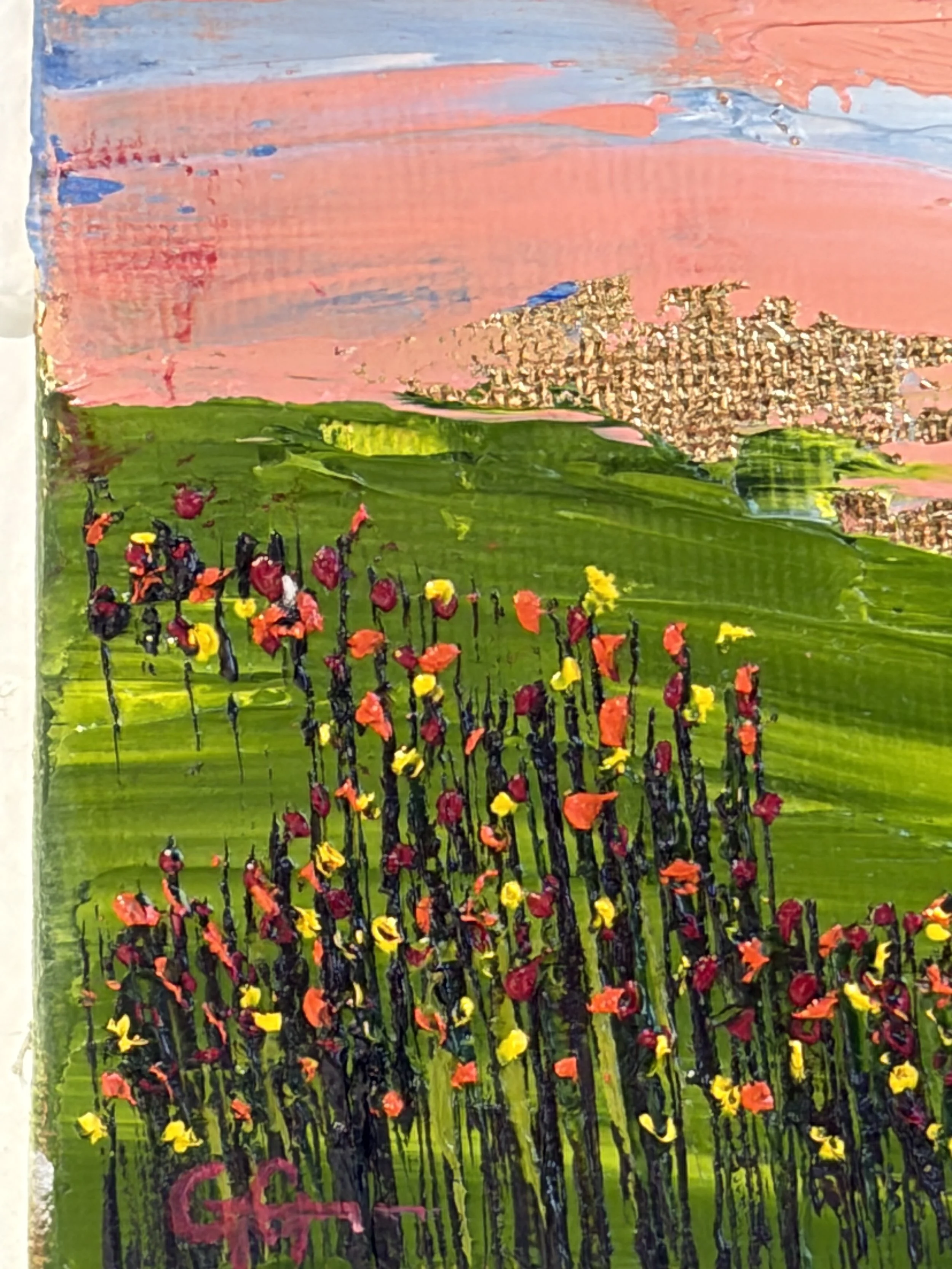 mini oil painting pink sunset sky, 3x3 original artwork, soft dusk tones, contemporary small framed art, Georgina Gilmore Art, Placerville, Sacramento CA