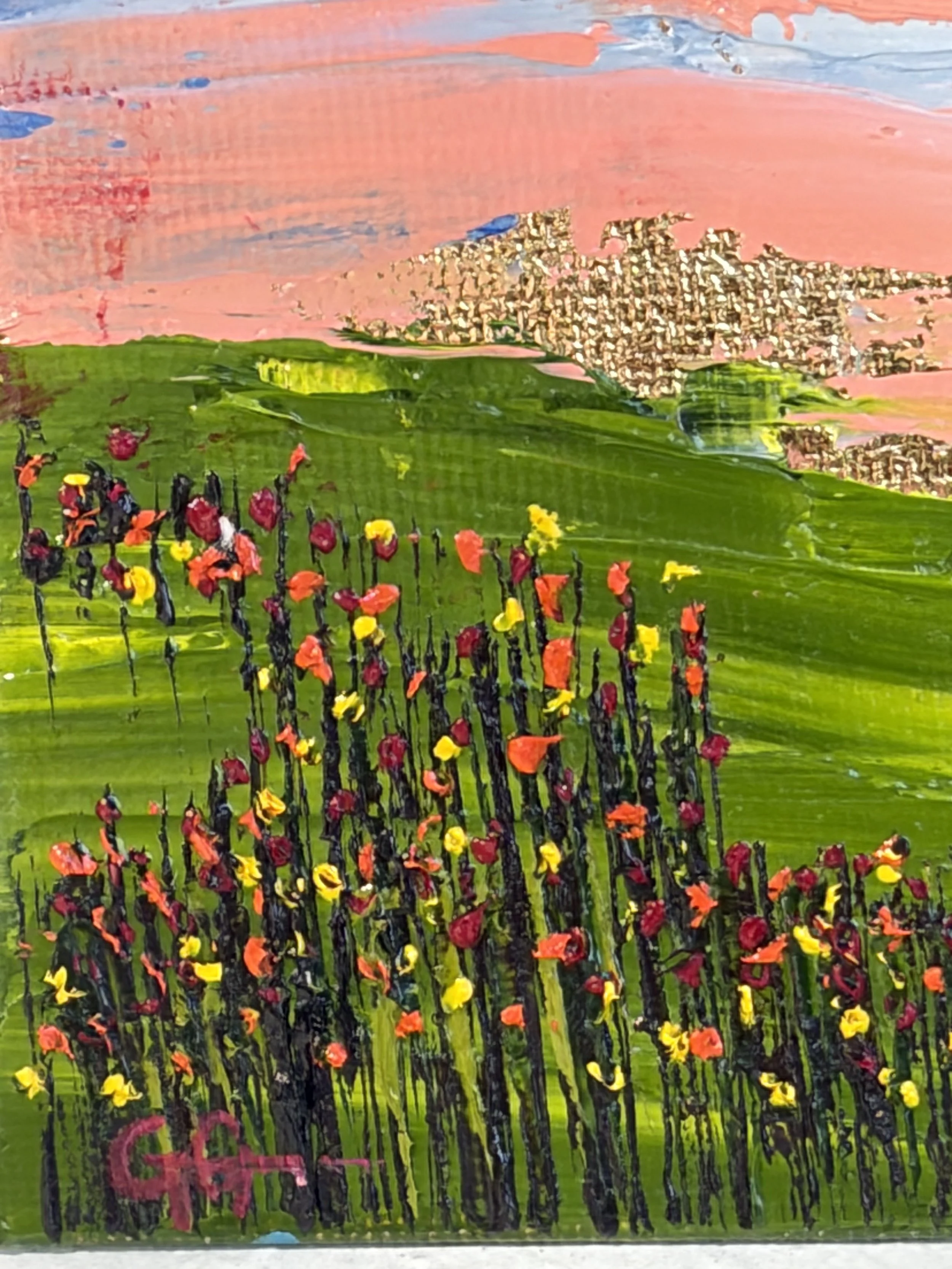 mini oil painting pink sunset sky, 3x3 original artwork, soft dusk tones, contemporary small framed art, Georgina Gilmore Art, Placerville, Sacramento CA