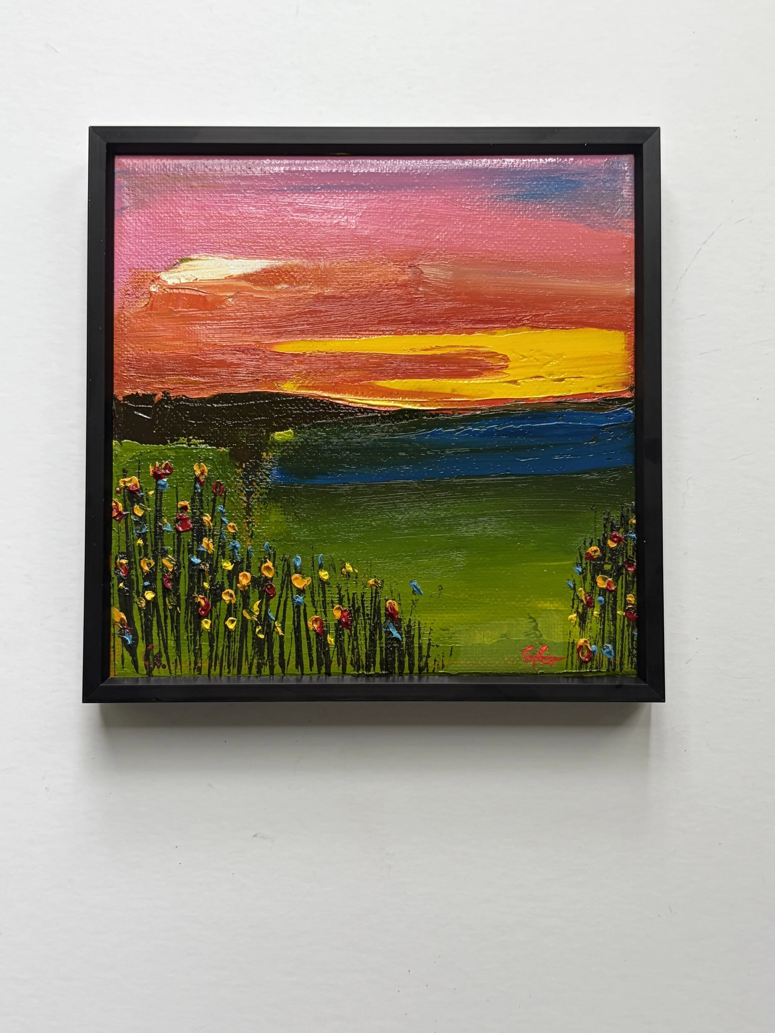 small original oil painting sunset landscape with flowers, 6x6 linen canvas, impressionist style, framed artwork for home decor