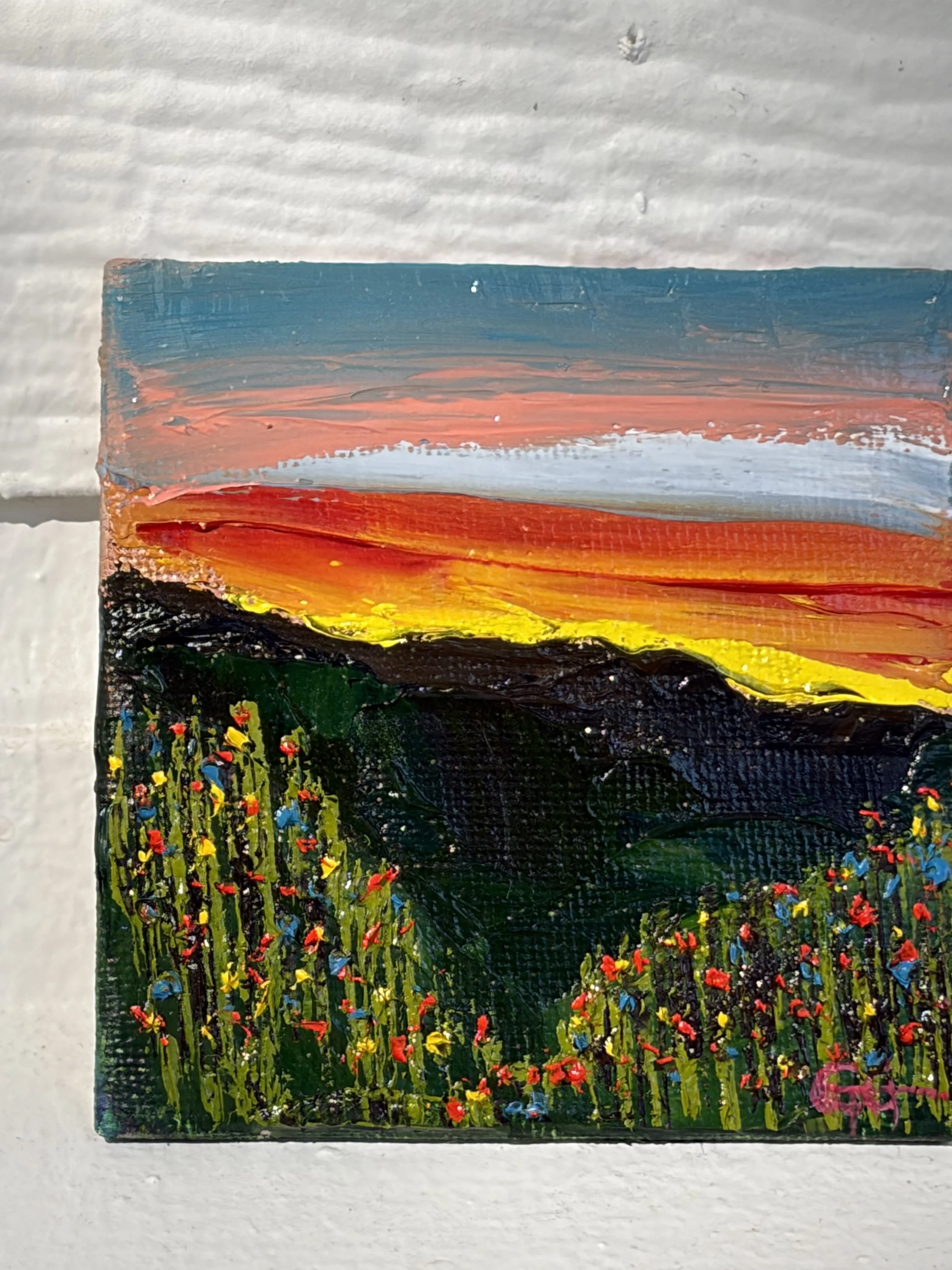 mini oil painting pink sunset sky, 3x3 original artwork, soft dusk tones, contemporary small framed art, Georgina Gilmore, Wildflower mini art, original oil painting, mini painting