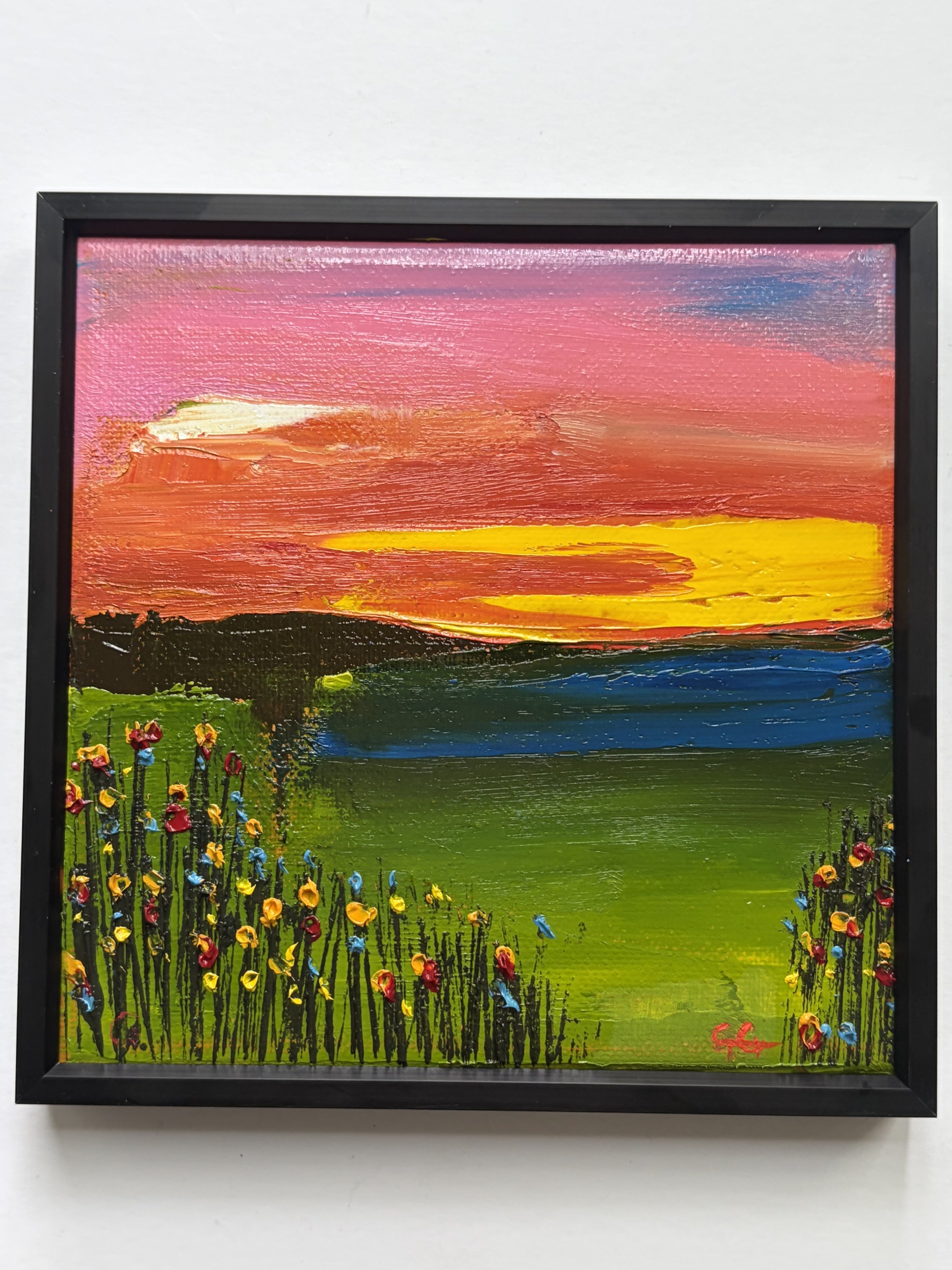 small original oil painting sunset landscape with flowers, 6x6 linen canvas, impressionist style, framed artwork for home decor
