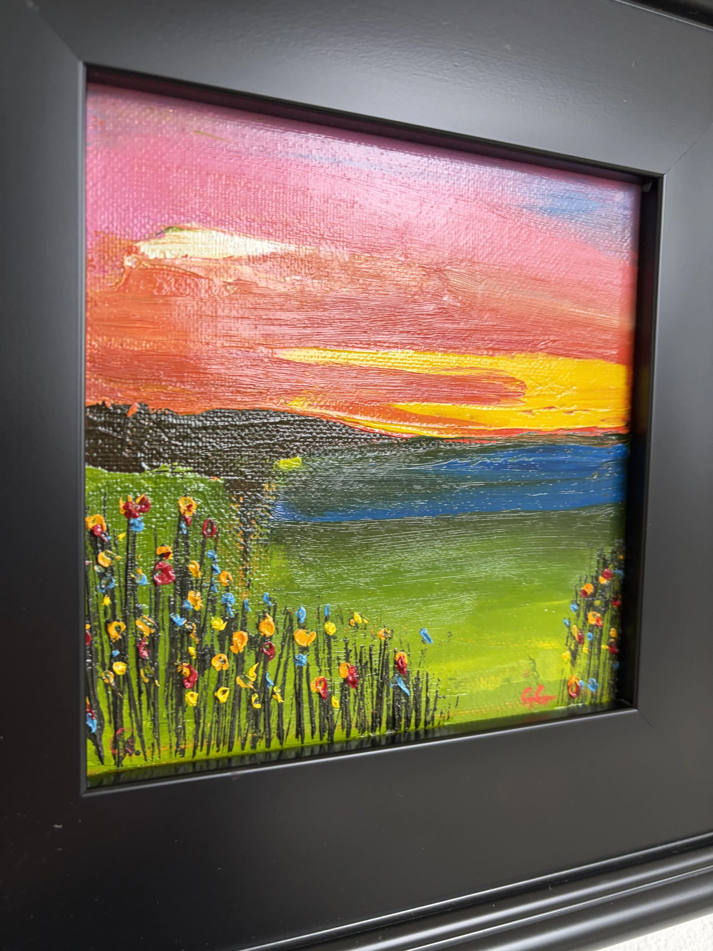 small original oil painting sunset landscape with flowers, 6x6 linen canvas, impressionist style, framed artwork for home decor
