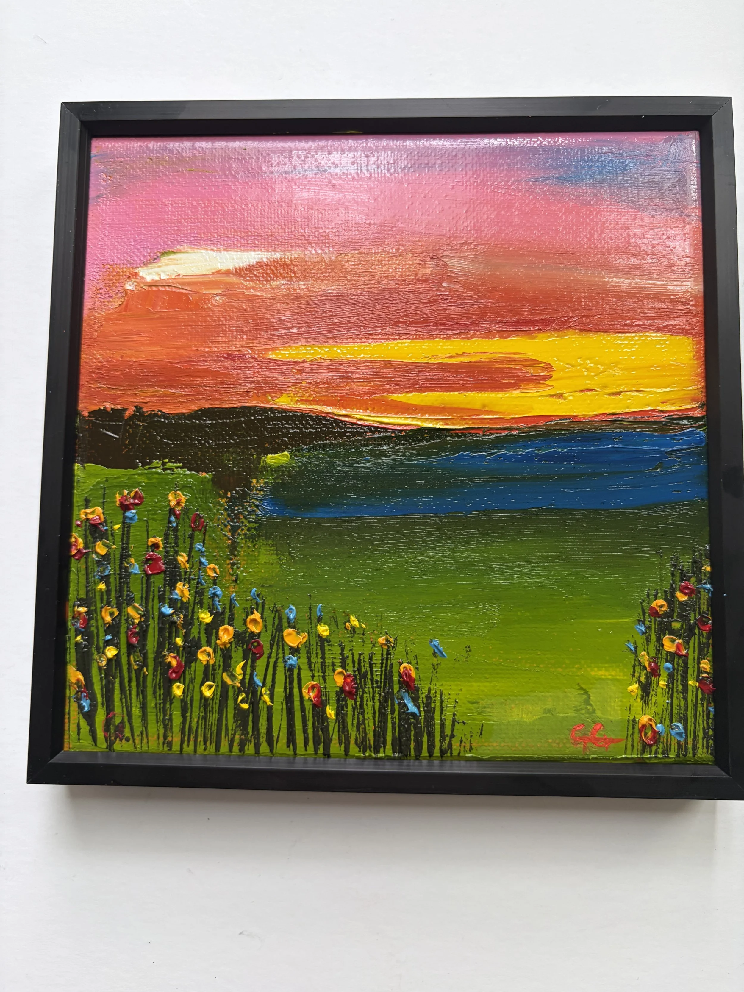 small original oil painting sunset landscape with flowers, 6x6 linen canvas, impressionist style, framed artwork for home decor