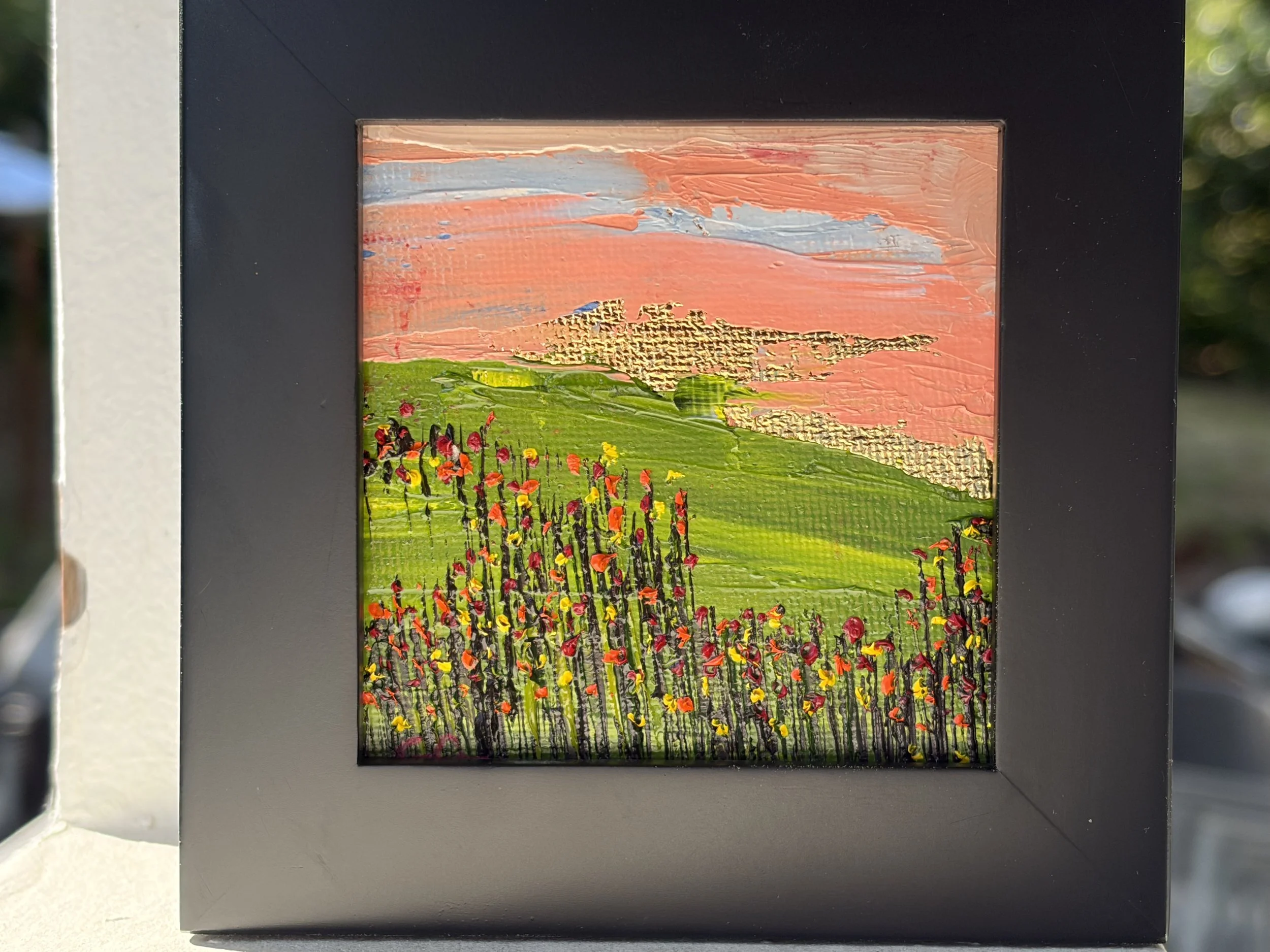 mini oil painting pink sunset sky, 3x3 original artwork, soft dusk tones, contemporary small framed art, Georgina Gilmore Art, Placerville, Sacramento CA