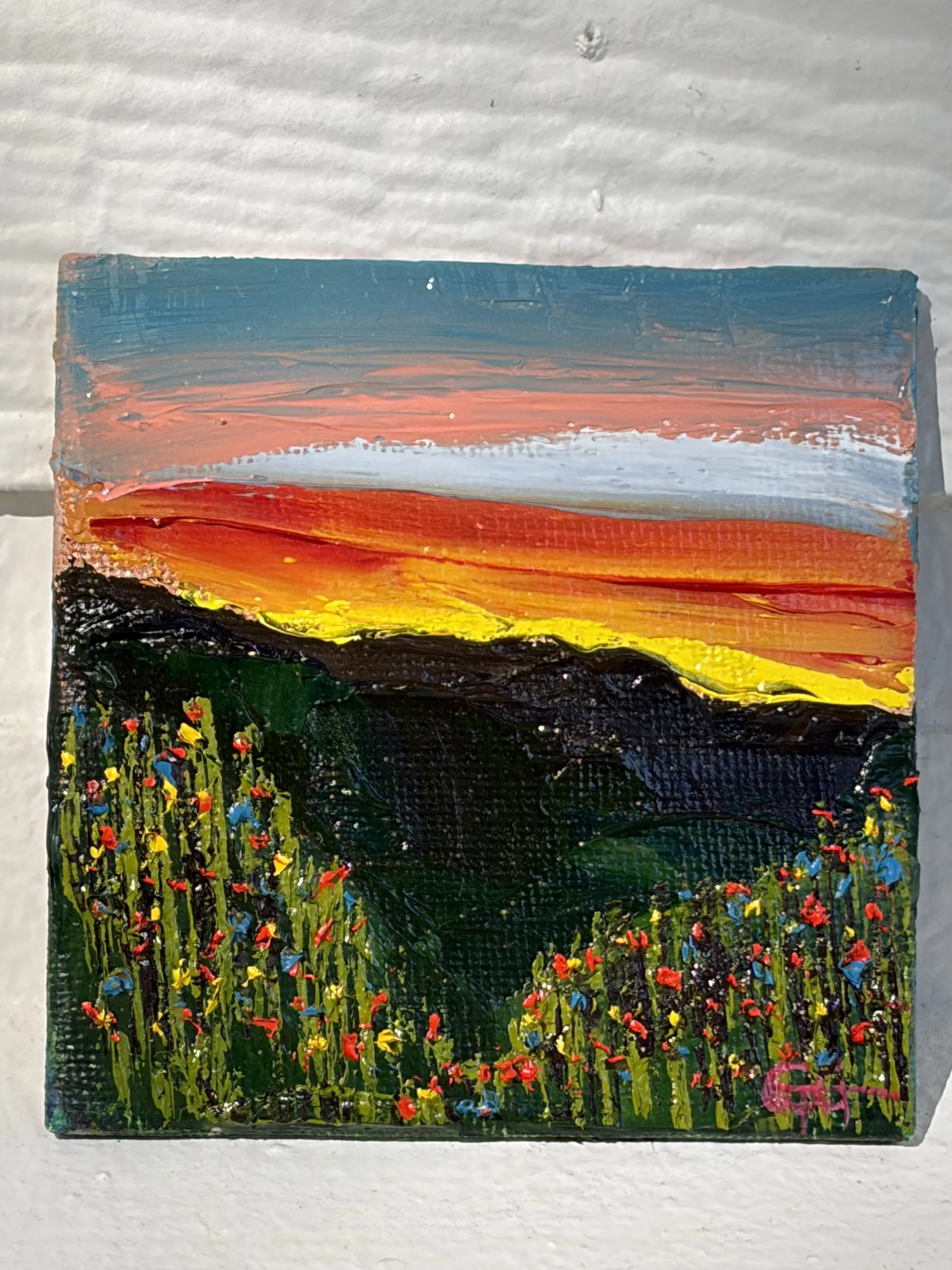 mini oil painting pink sunset sky, 3x3 original artwork, soft dusk tones, contemporary small framed art, Georgina Gilmore, Wildflower mini art, original oil painting, mini painting