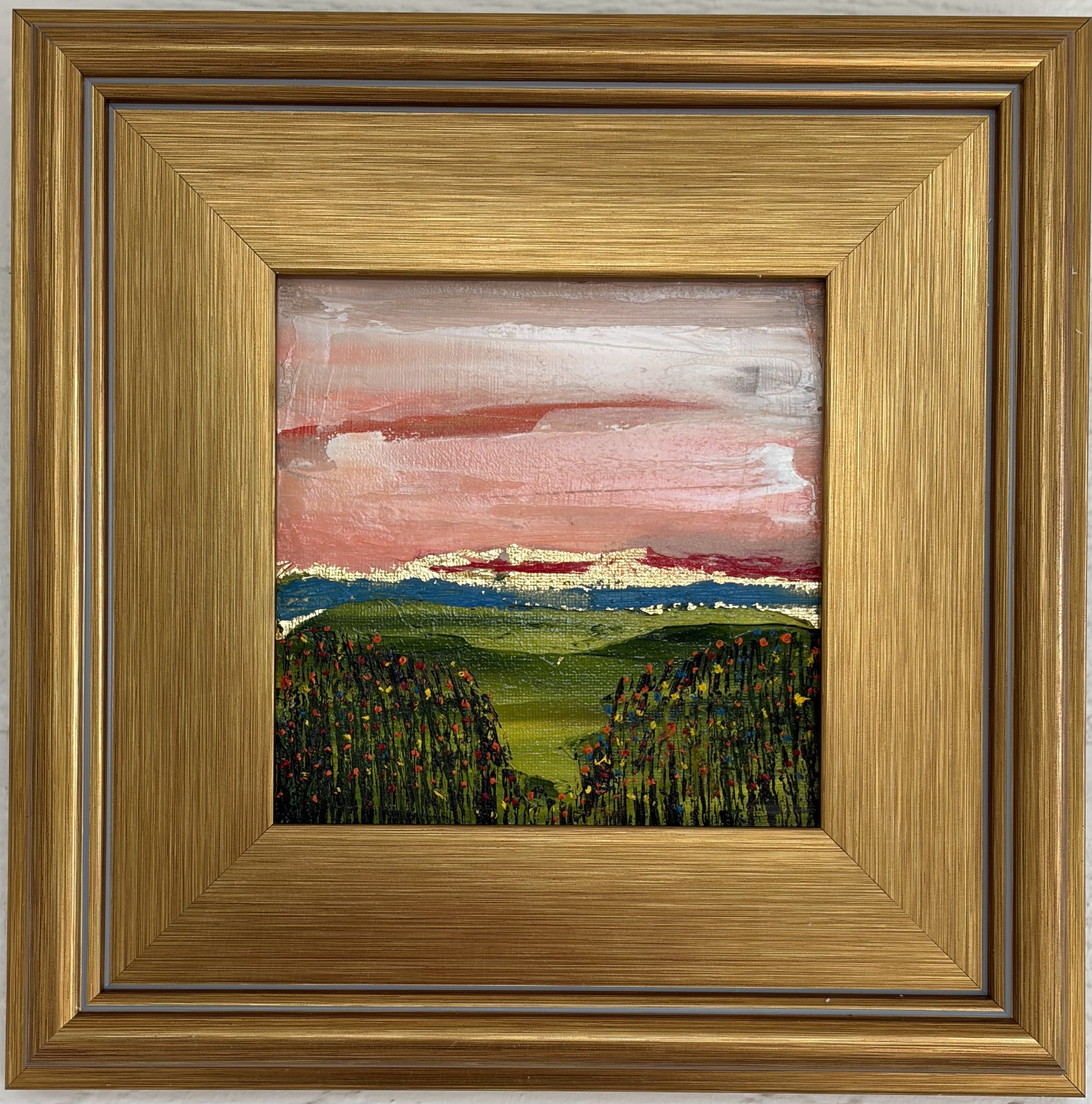 Summer Meadow 6x6 inch original oil painting in gold frame, Sacramento artist Georgina Gilmore