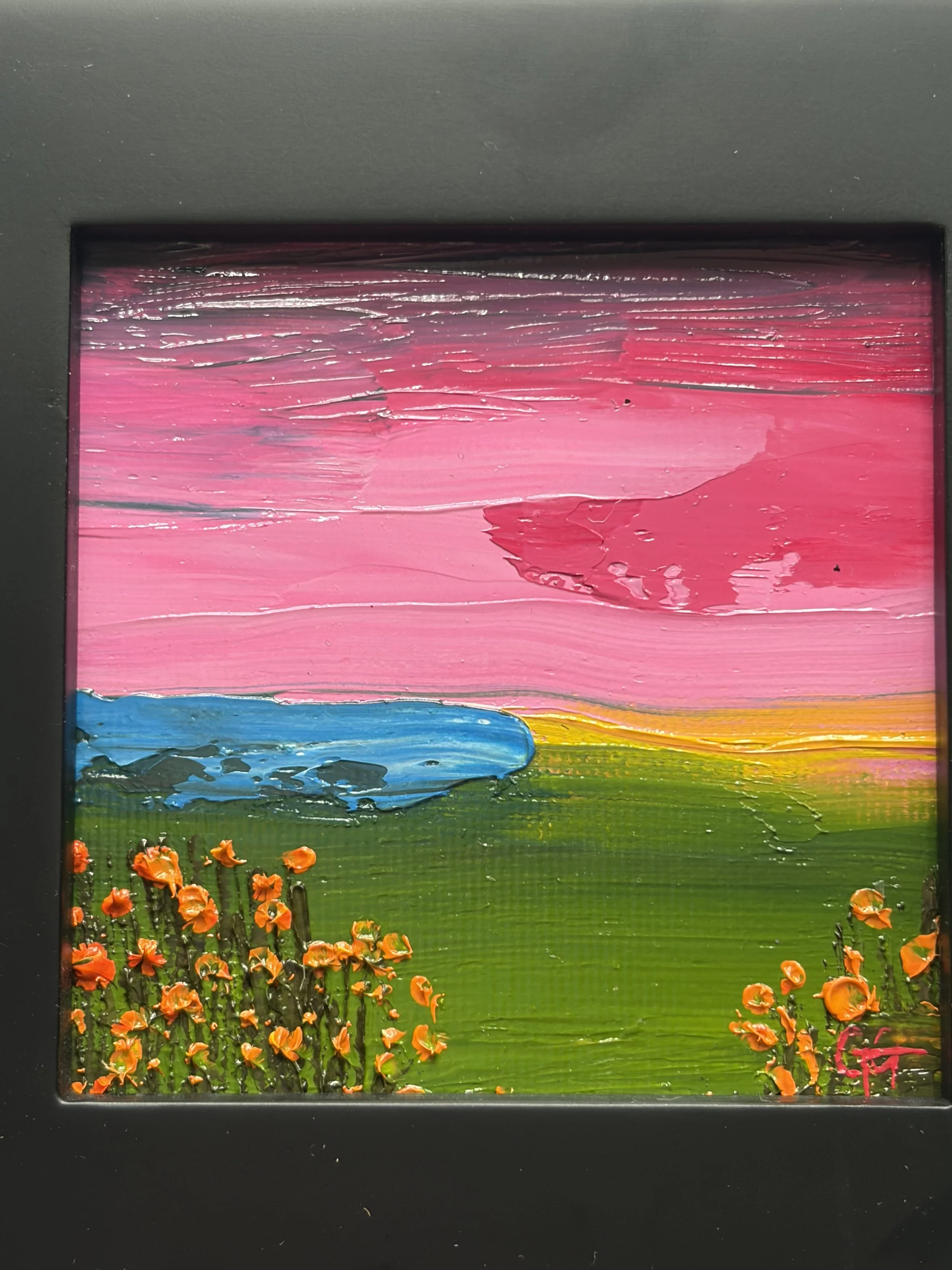 Baby Evening Poppies, original oil painting 3x3 inches mini oil, California coastal landscape, Georgina Gilmore Art