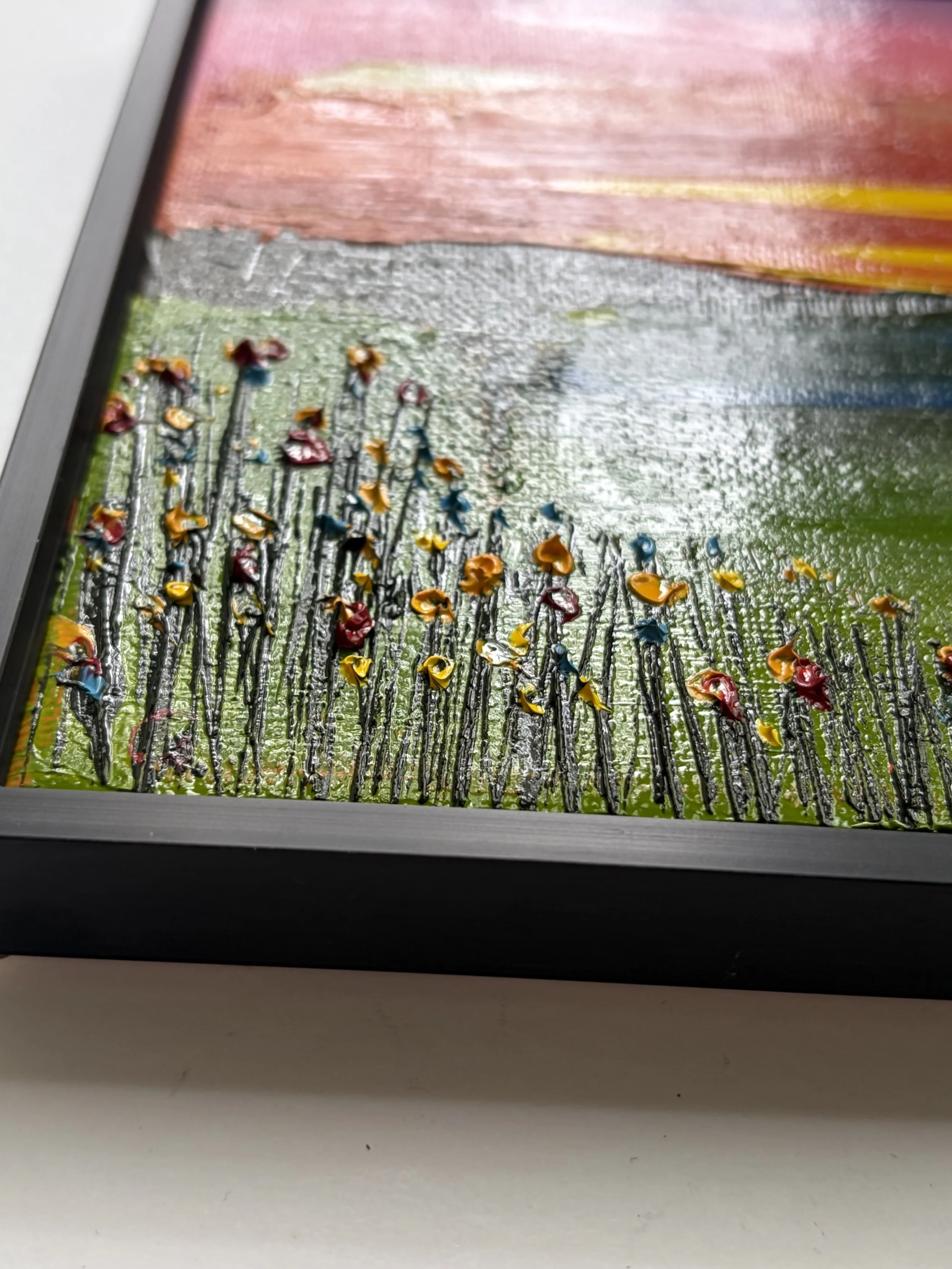 small original oil painting sunset landscape with flowers, 6x6 linen canvas, impressionist style, framed artwork for home decor