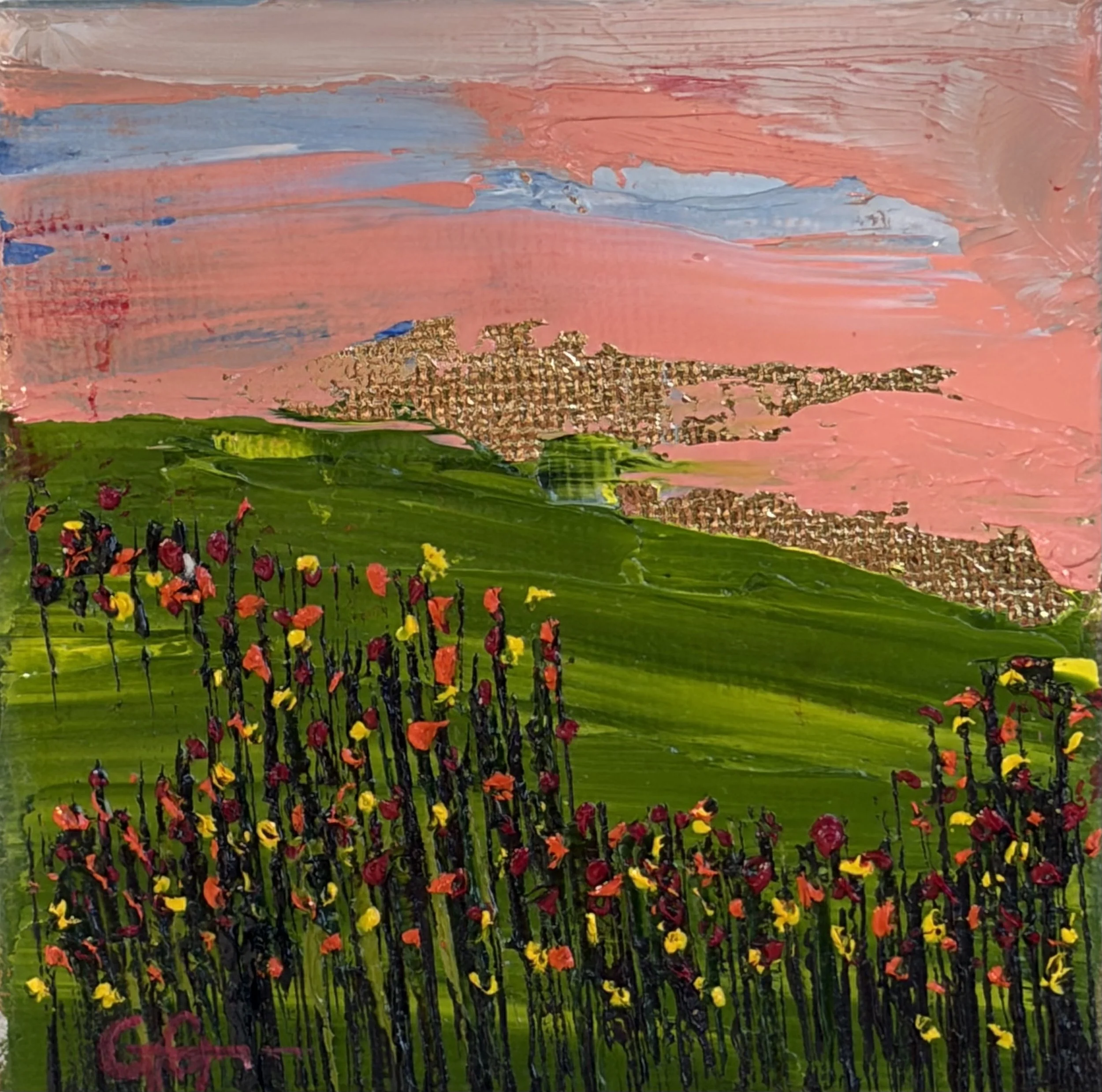 mini oil painting pink sunset sky, 3x3 original artwork, soft dusk tones, contemporary small framed art, Georgina Gilmore Art, Placerville, Sacramento CA