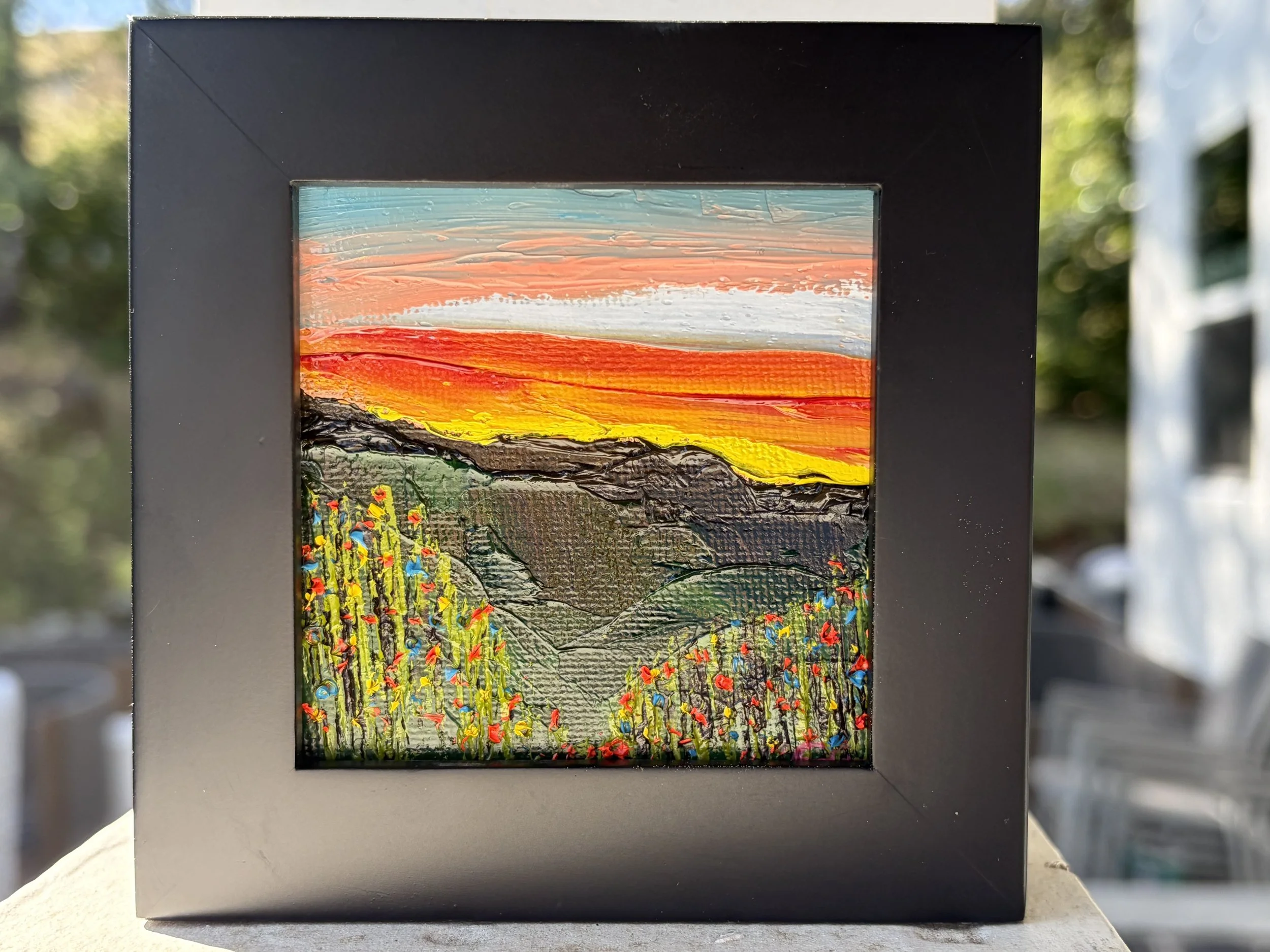 mini oil painting pink sunset sky, 3x3 original artwork, soft dusk tones, contemporary small framed art, Georgina Gilmore, Wildflower mini art, original oil painting, mini painting