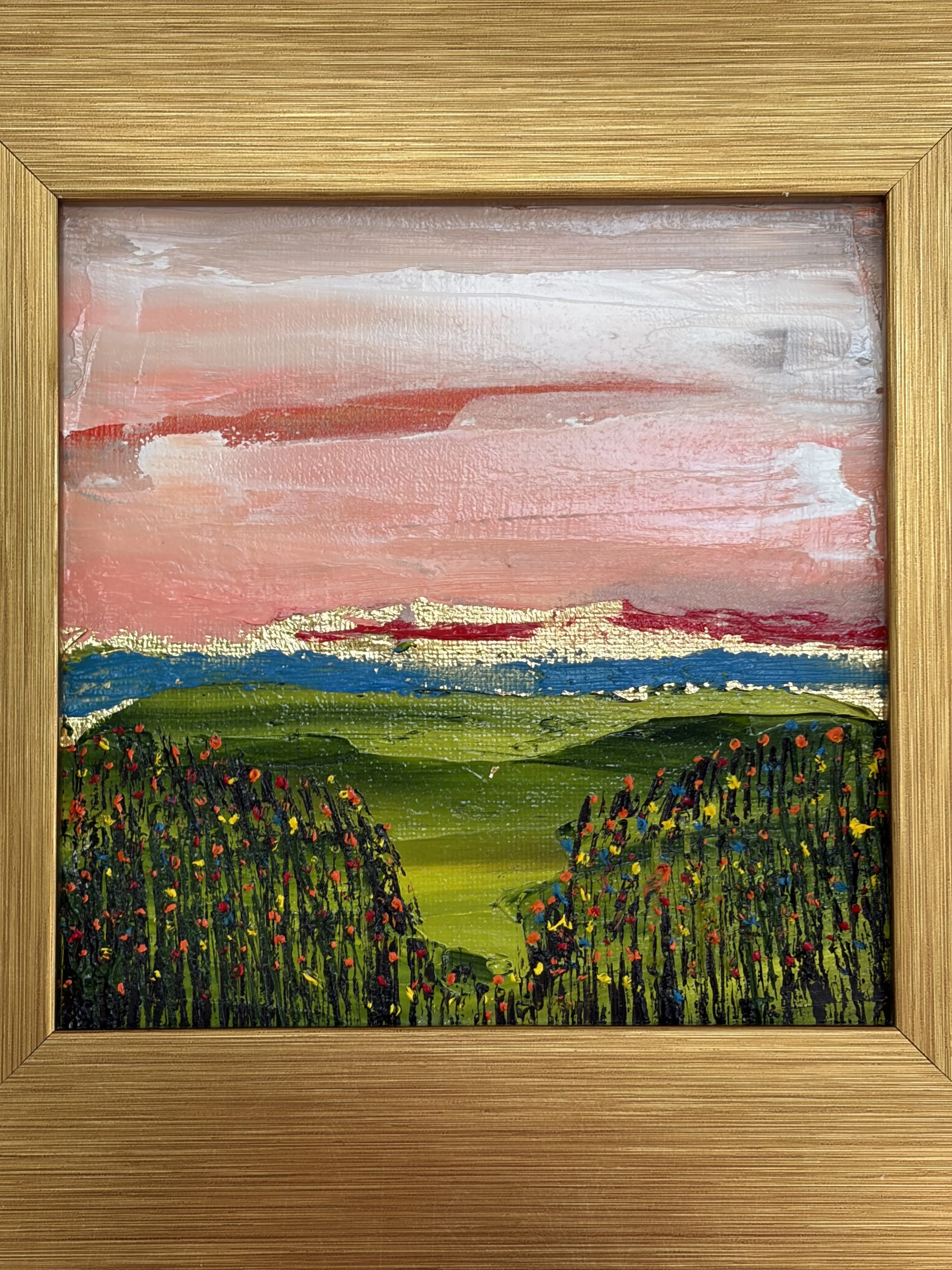 Summer Meadow 6x6 inch original oil painting in gold frame, Sacramento artist Georgina Gilmore