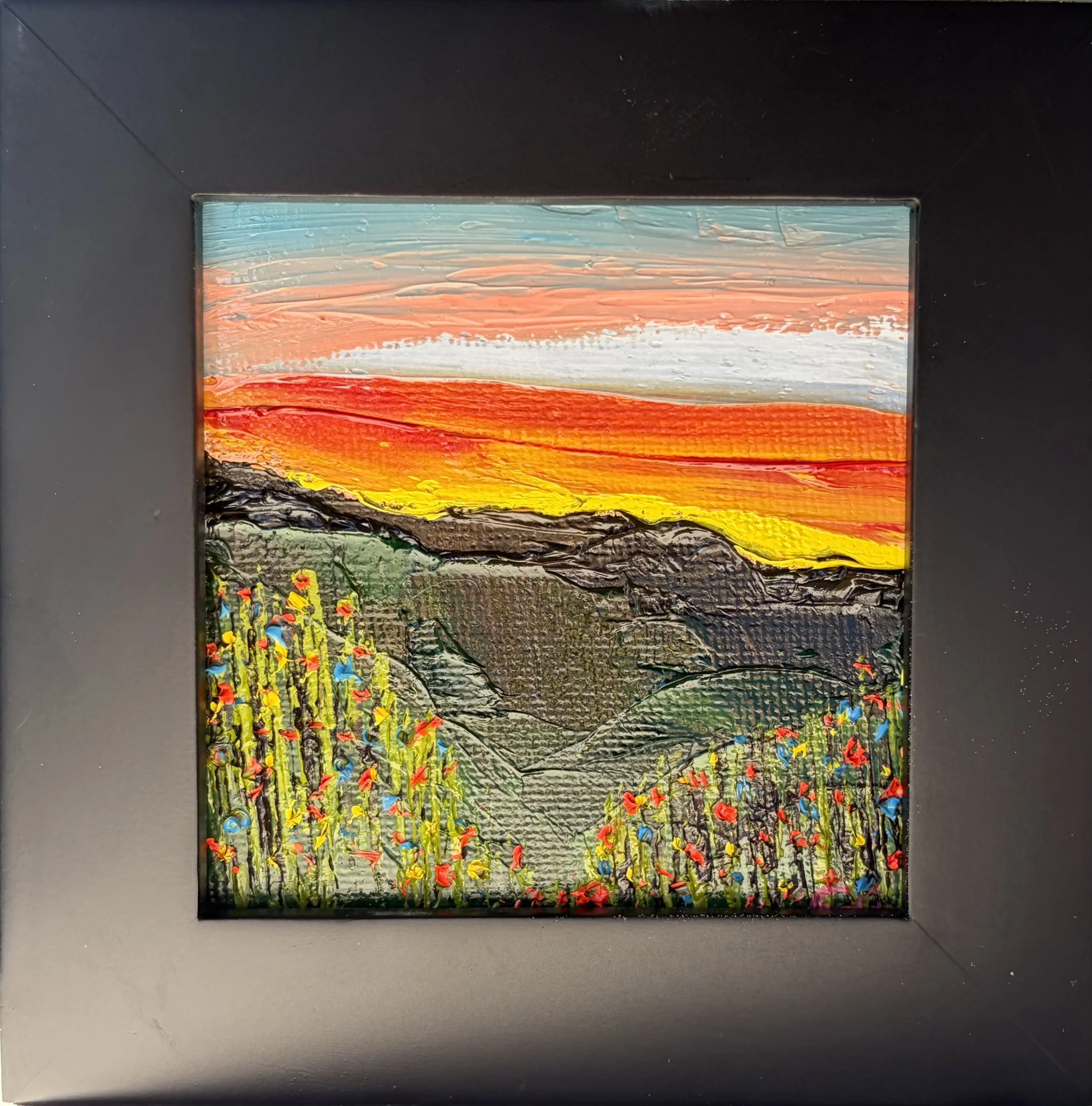 mini oil painting pink sunset sky, 3x3 original artwork, soft dusk tones, contemporary small framed art, Georgina Gilmore, Wildflower mini art, original oil painting, mini painting