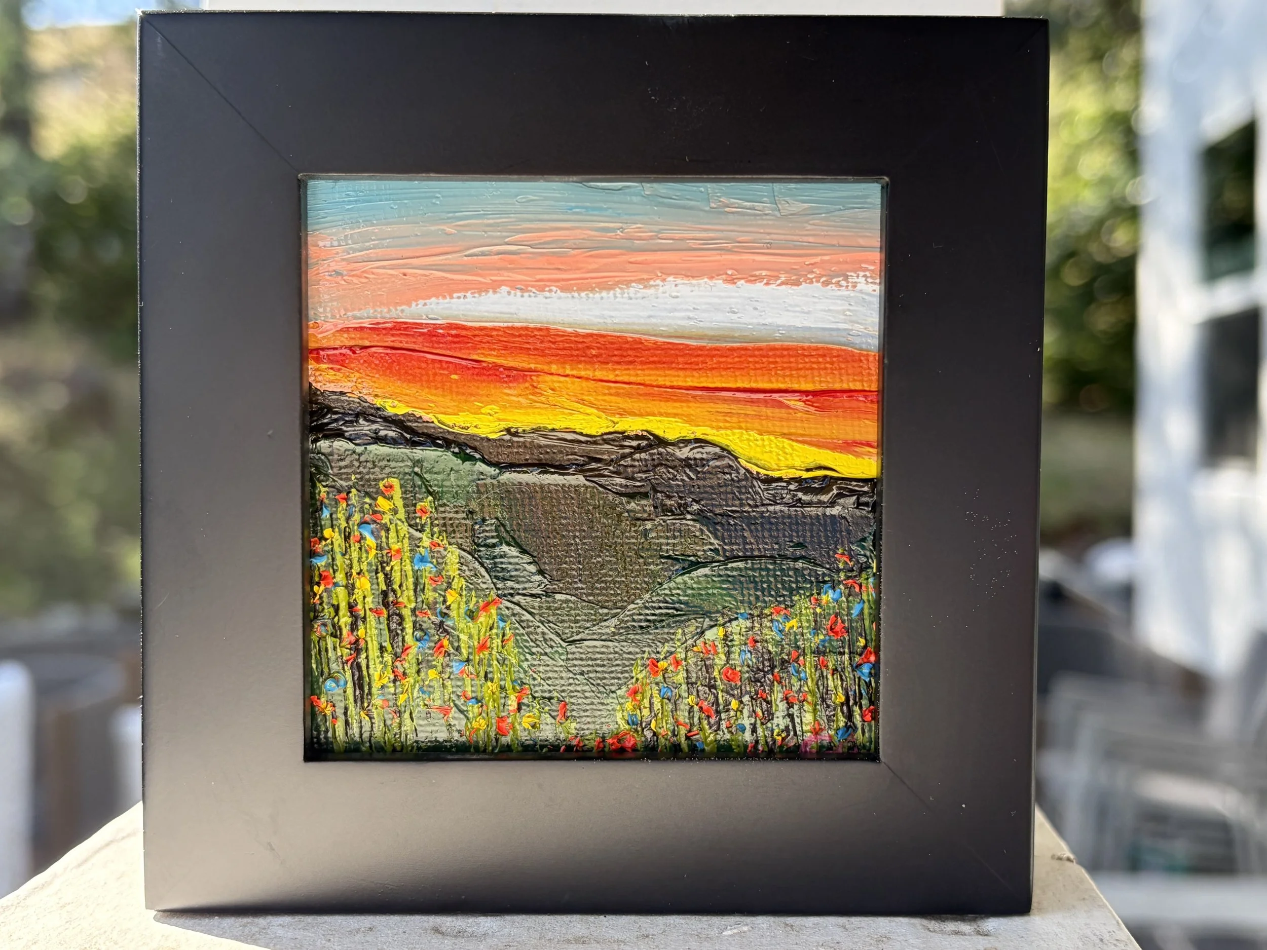 mini oil painting pink sunset sky, 3x3 original artwork, soft dusk tones, contemporary small framed art, Georgina Gilmore, Wildflower mini art, original oil painting, mini painting