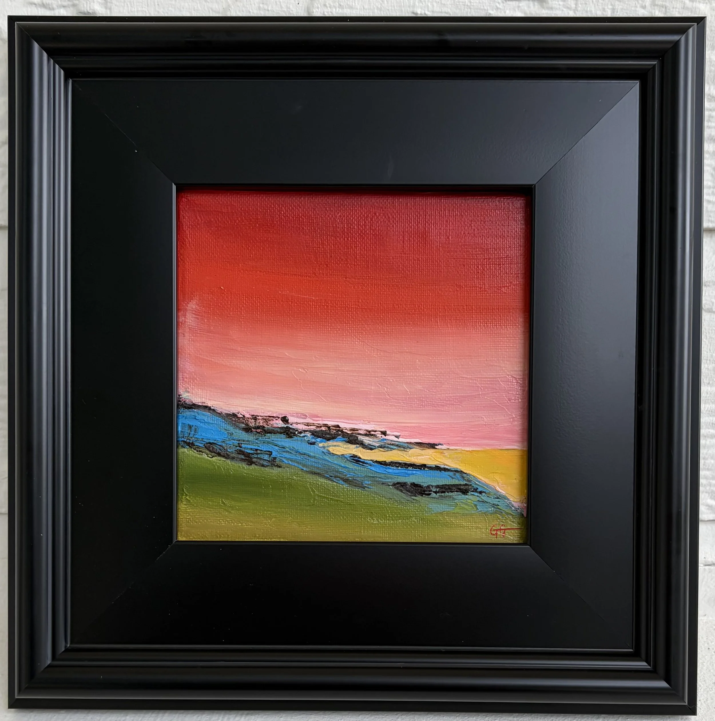 original oil painting North Downs Britain sunset landscape with flowers, 6x6 linen canvas, textured impressionist artwork framed, Georgina Gilmore