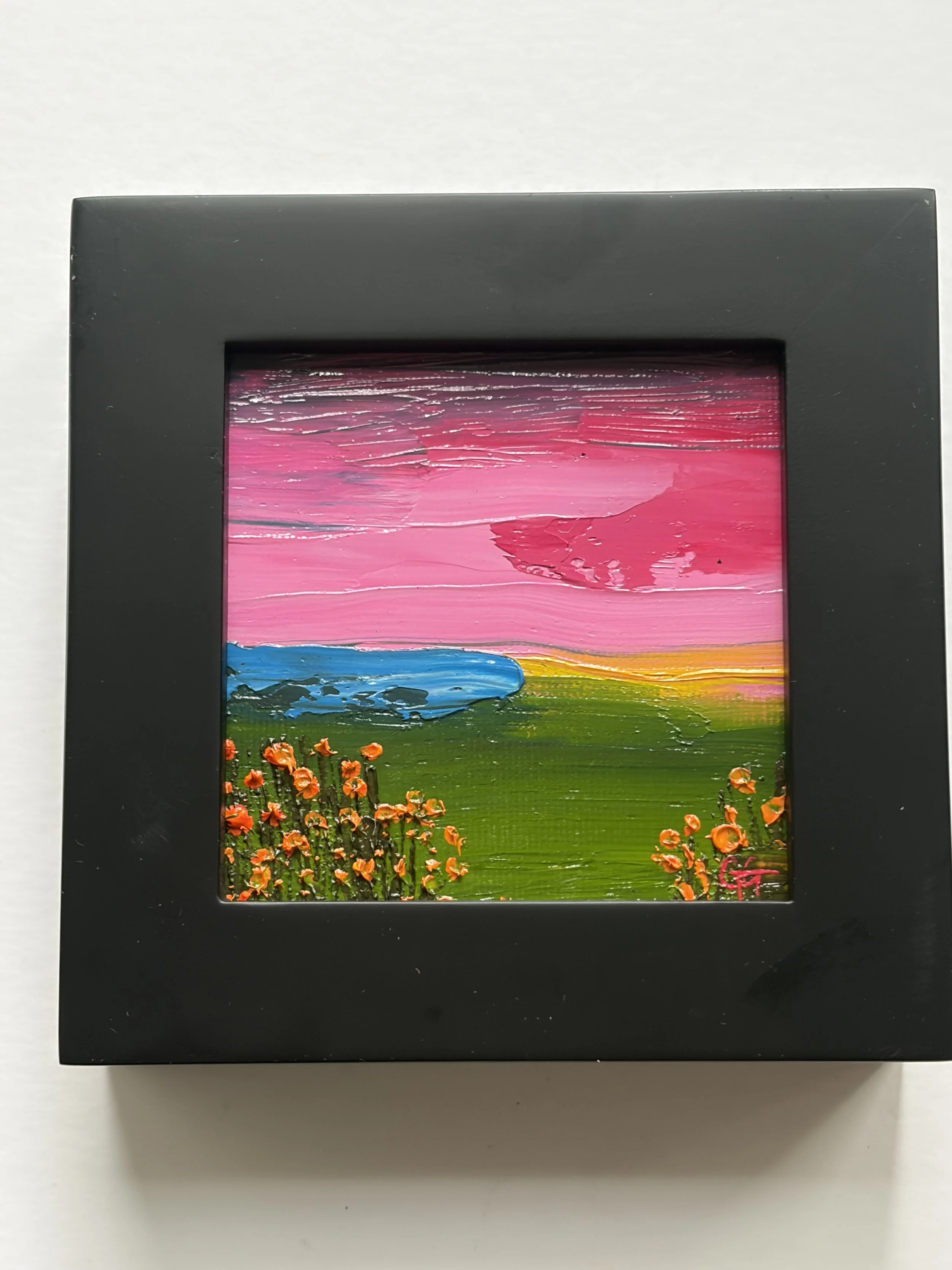 Baby Evening Poppies, original oil painting 3x3 inches mini oil, California coastal landscape, Georgina Gilmore Art