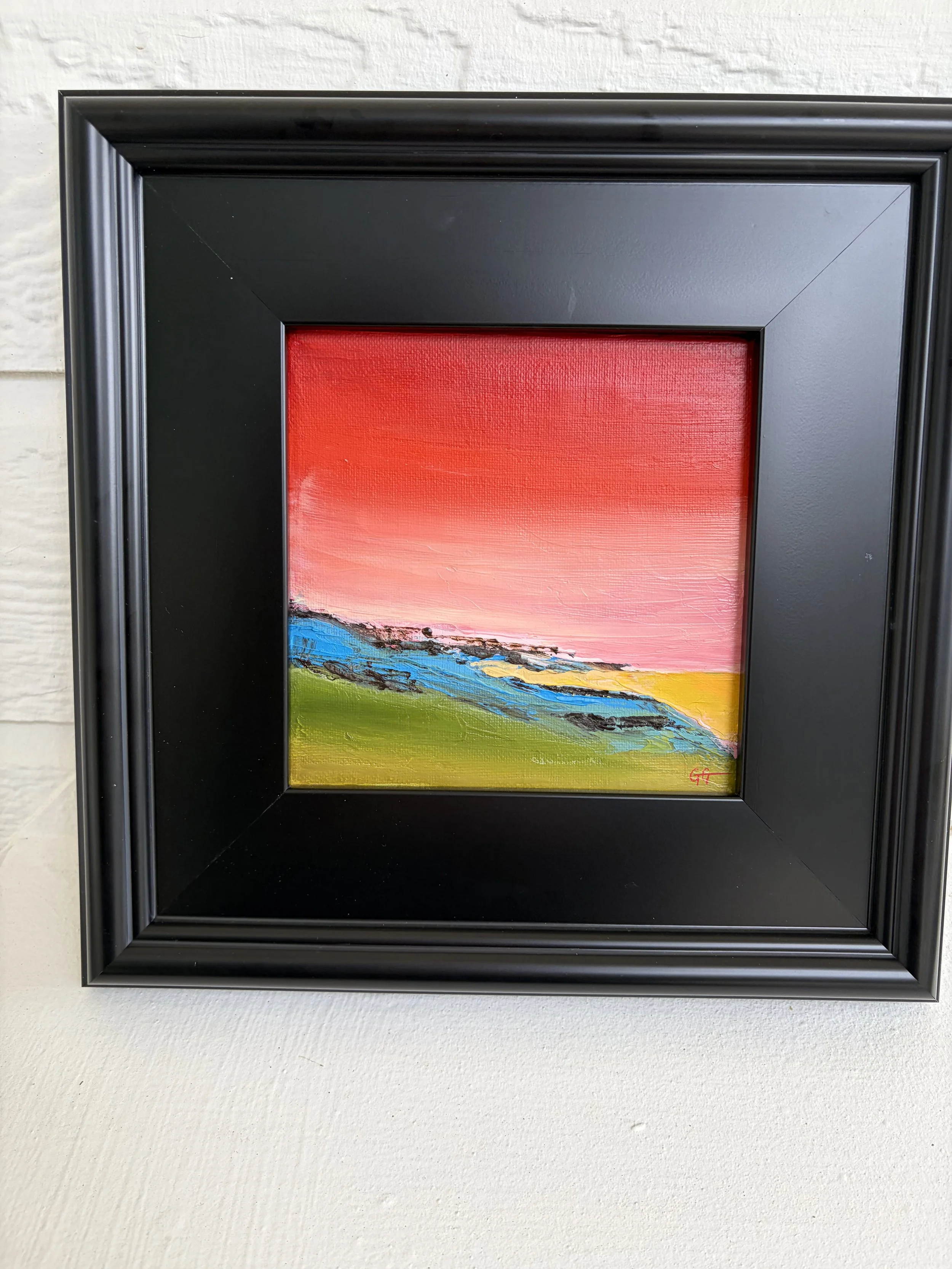 original oil painting North Downs Britain sunset landscape with flowers, 6x6 linen canvas, textured impressionist artwork framed, Georgina Gilmore