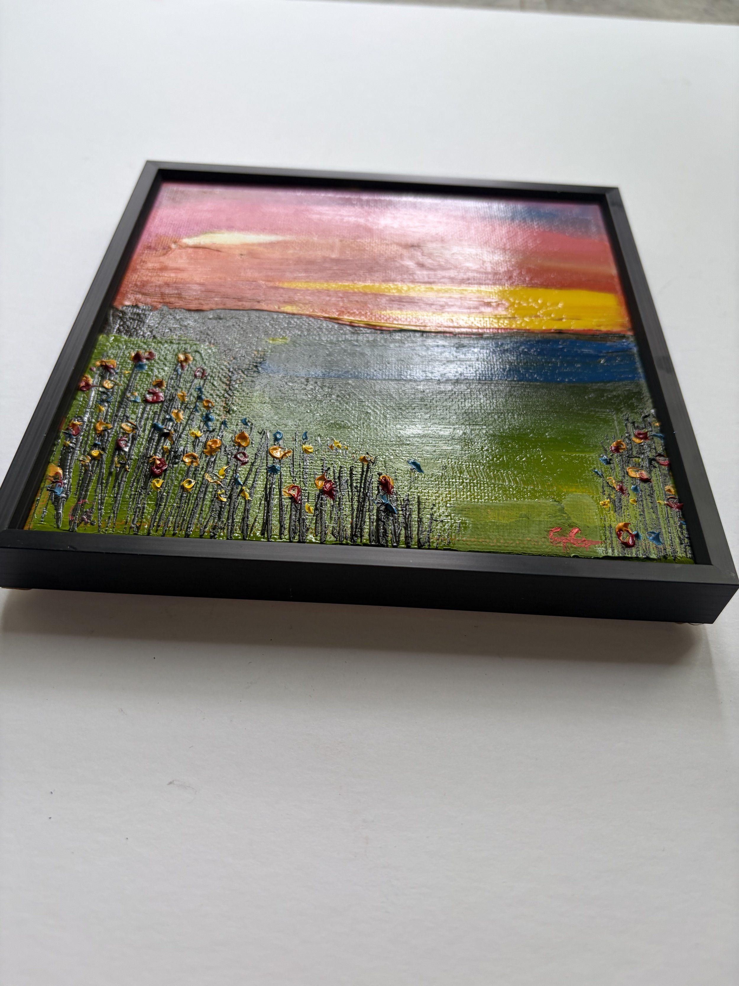 small original oil painting sunset landscape with flowers, 6x6 linen canvas, impressionist style, framed artwork for home decor