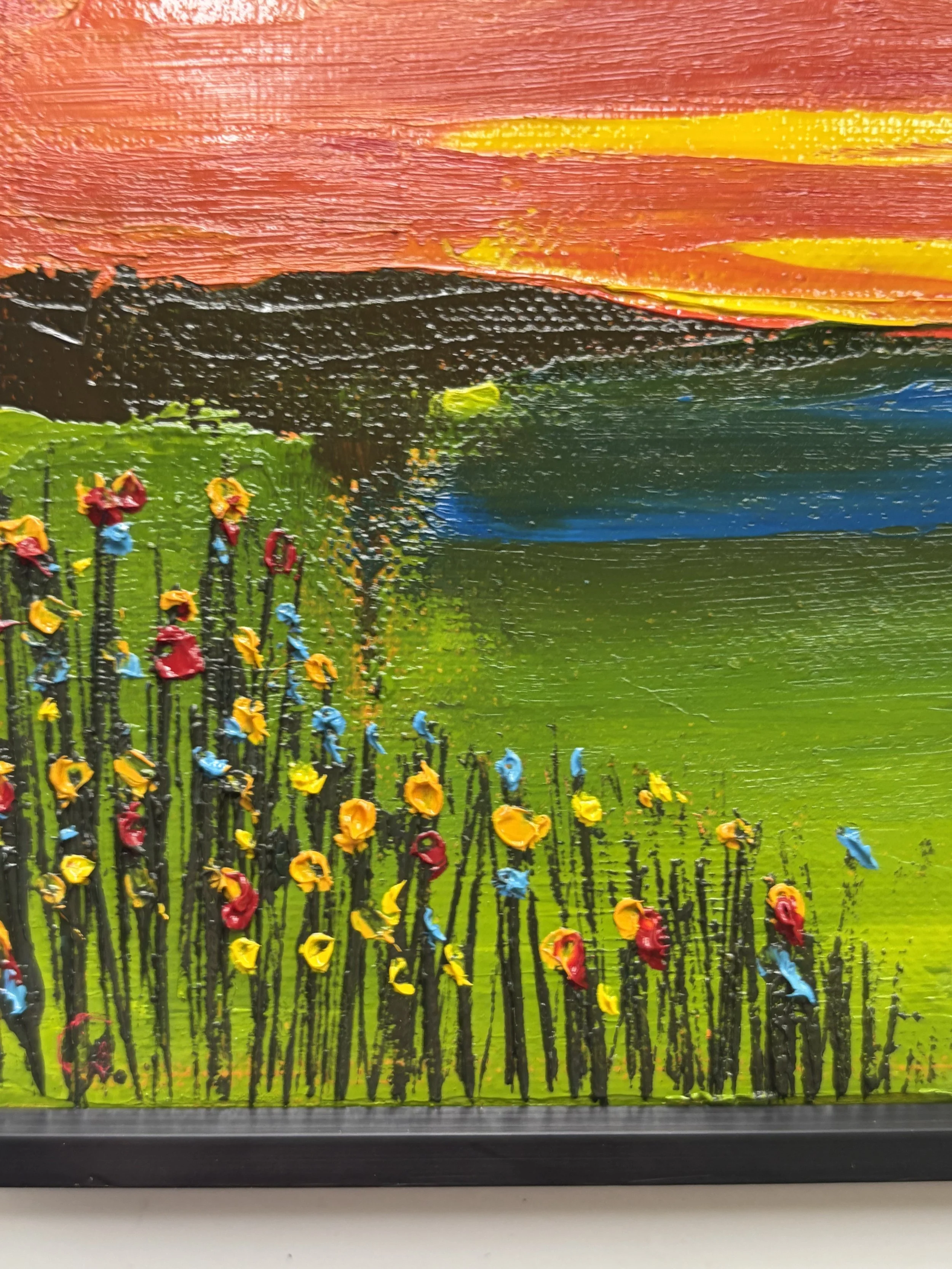 small original oil painting sunset landscape with flowers, 6x6 linen canvas, impressionist style, framed artwork for home decor