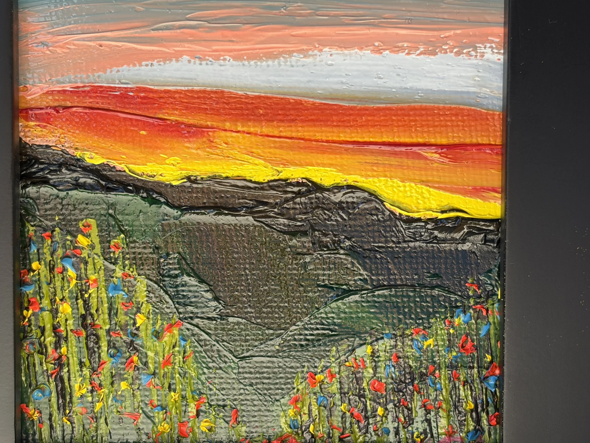 mini oil painting pink sunset sky, 3x3 original artwork, soft dusk tones, contemporary small framed art, Georgina Gilmore, Wildflower mini art, original oil painting, mini painting