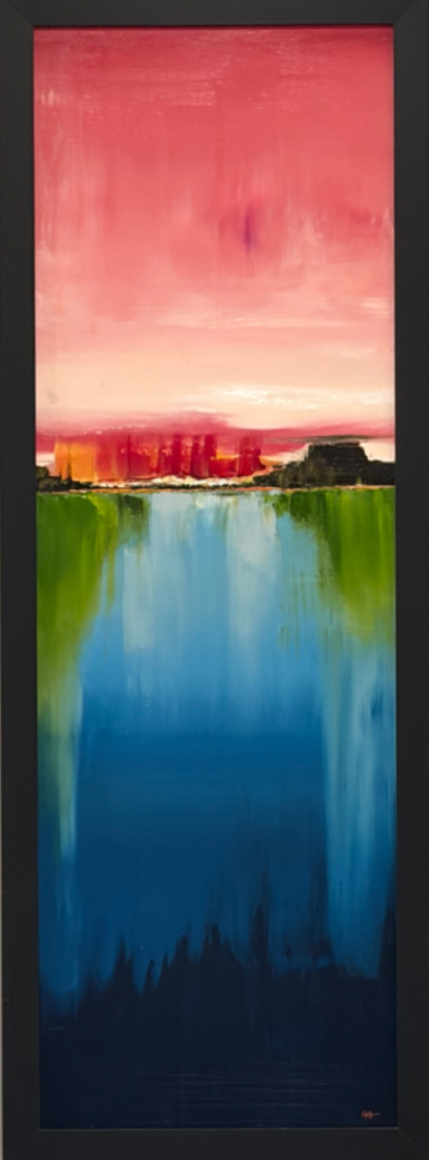 Abstract landscape painting with a pink and orange sky, a red cityscape, green and black land, and a blue reflection of water.