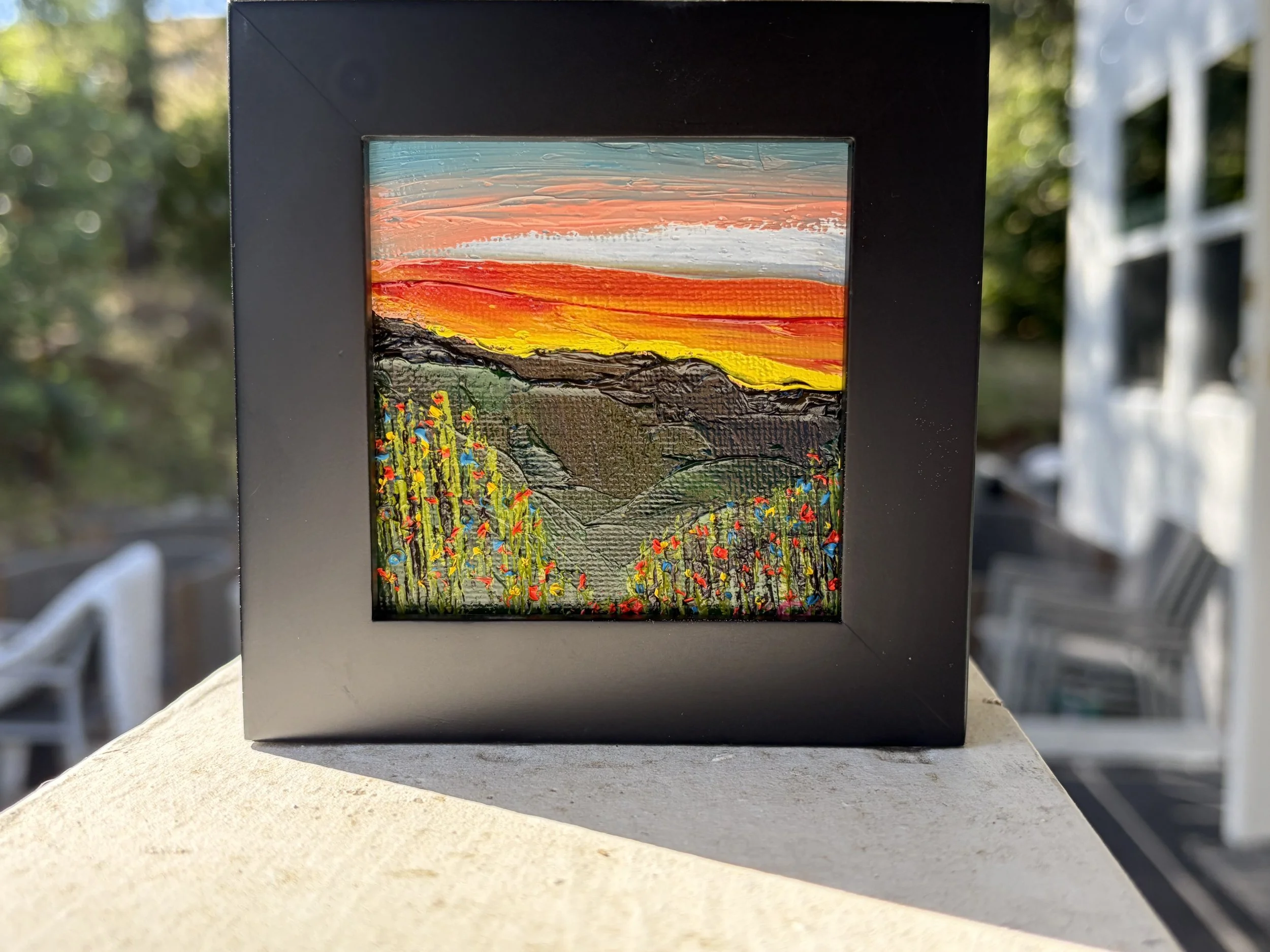 mini oil painting pink sunset sky, 3x3 original artwork, soft dusk tones, contemporary small framed art, Georgina Gilmore, Wildflower mini art, original oil painting, mini painting