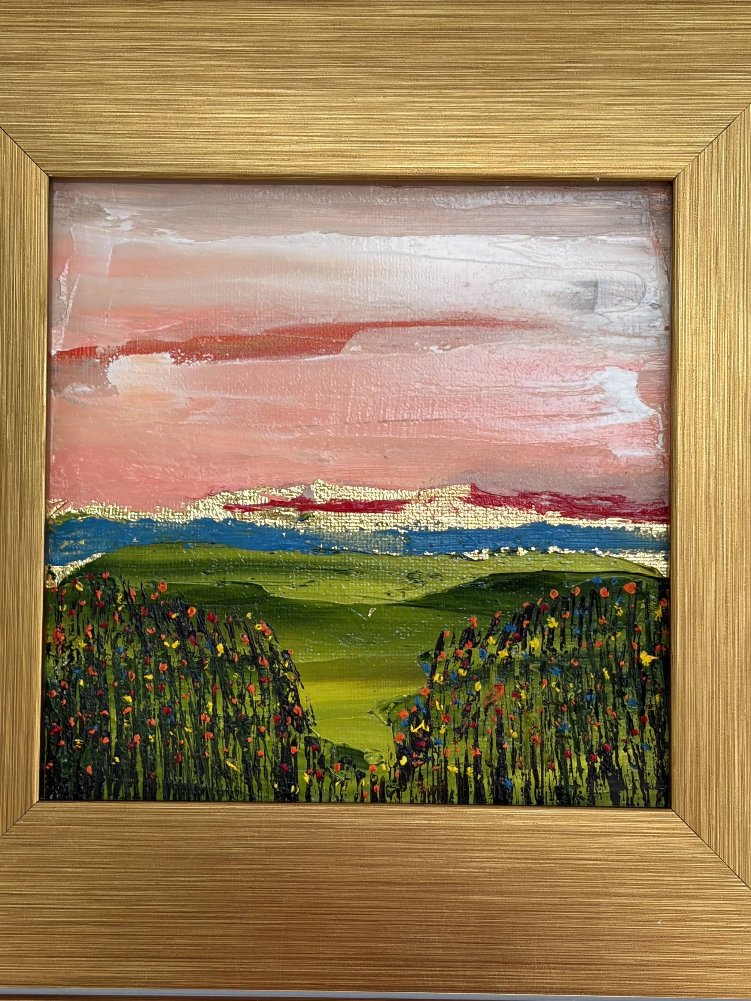 Summer Meadow 6x6 inch original oil painting in gold frame, Sacramento artist Georgina Gilmore