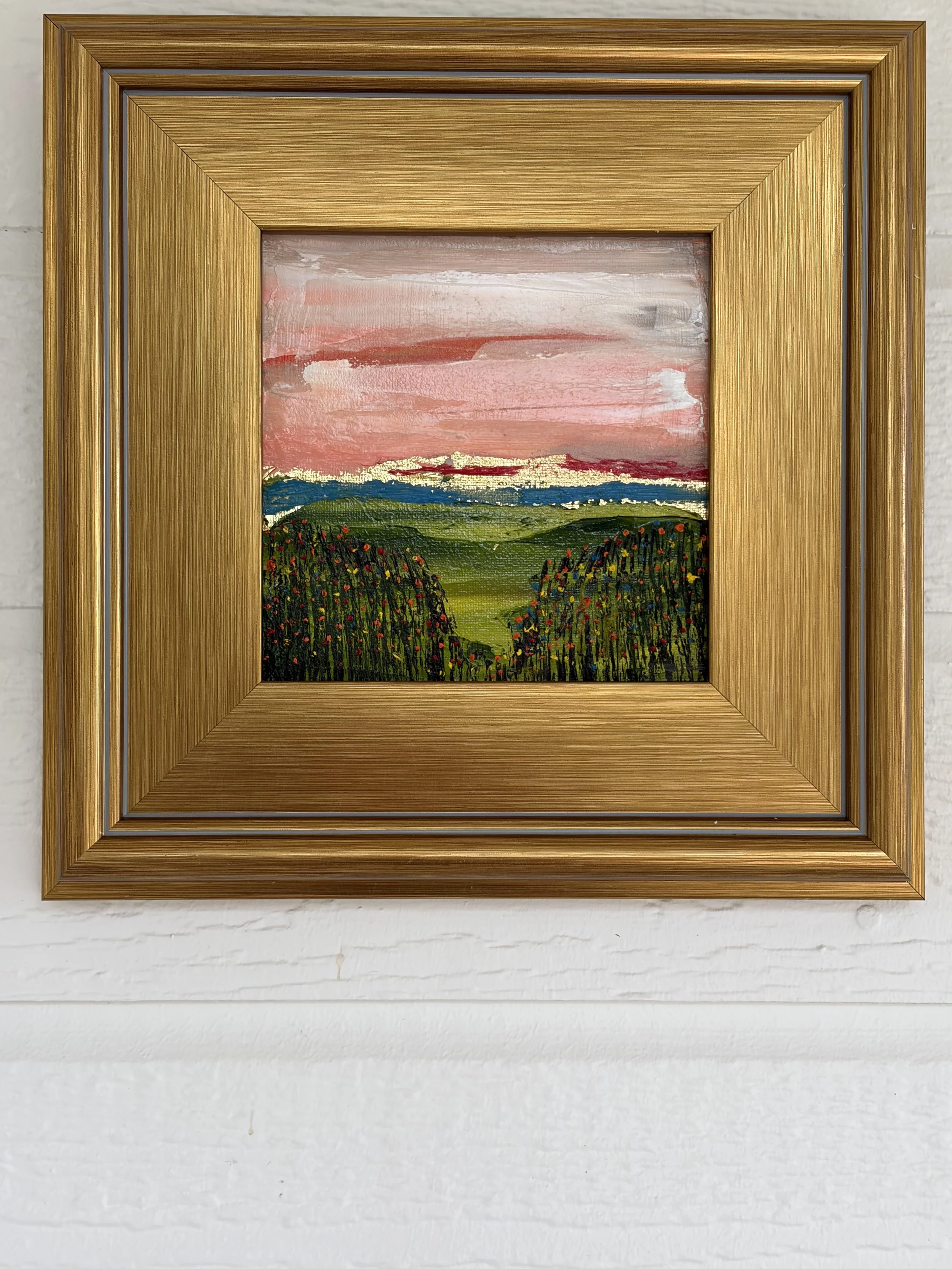 Summer Meadow 6x6 inch original oil painting in gold frame, Sacramento artist Georgina Gilmore
