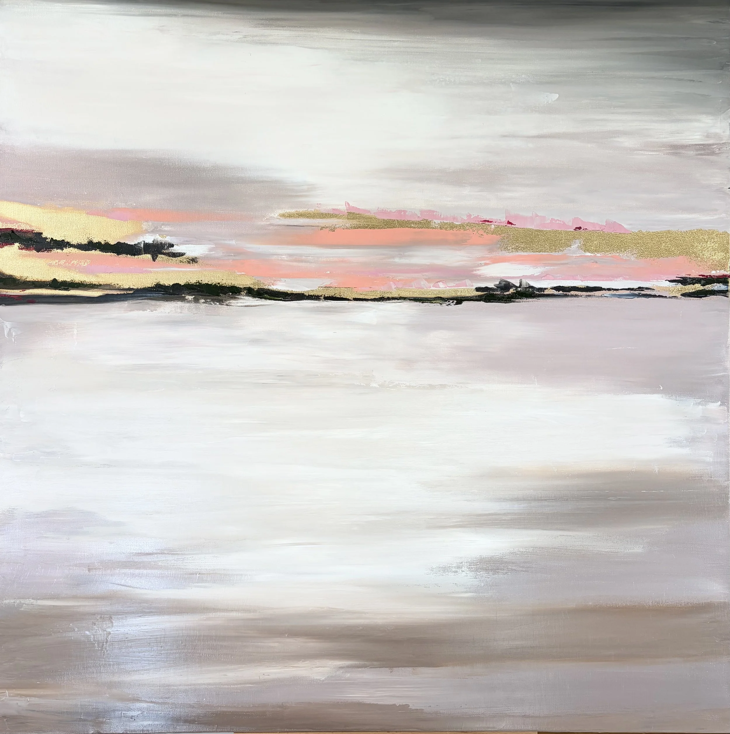 large abstract oil painting with gold leaf horizon, blush tones, 30x30 linen canvas, contemporary landscape wall art, blush-and-burnish-oil-painting-gold-leaf-georgina-gilmore.jpg
