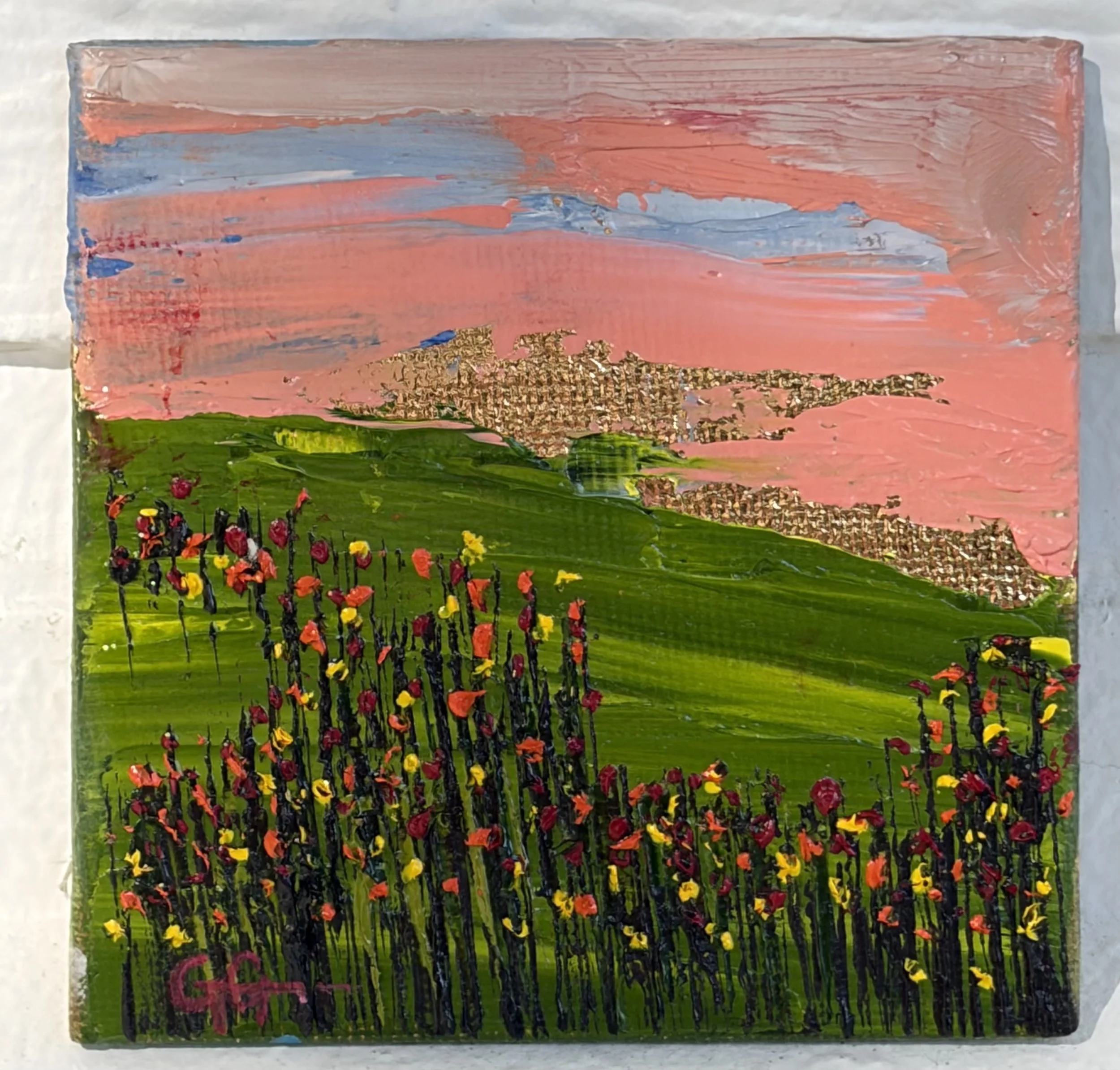 mini oil painting pink sunset sky, 3x3 original artwork, soft dusk tones, contemporary small framed art, Georgina Gilmore Art, Placerville, Sacramento CA