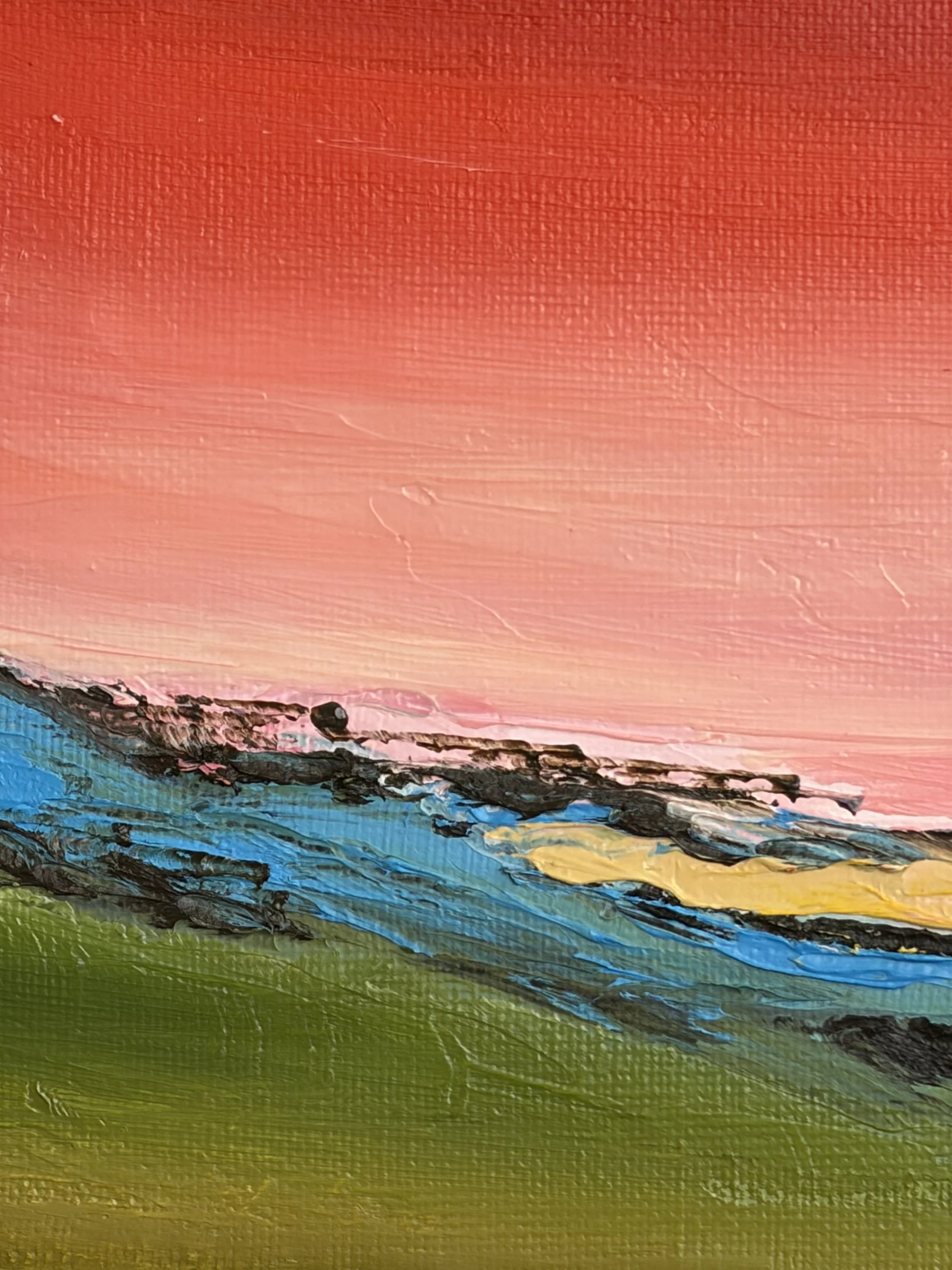 original oil painting North Downs Britain sunset landscape with flowers, 6x6 linen canvas, textured impressionist artwork framed, Georgina Gilmore