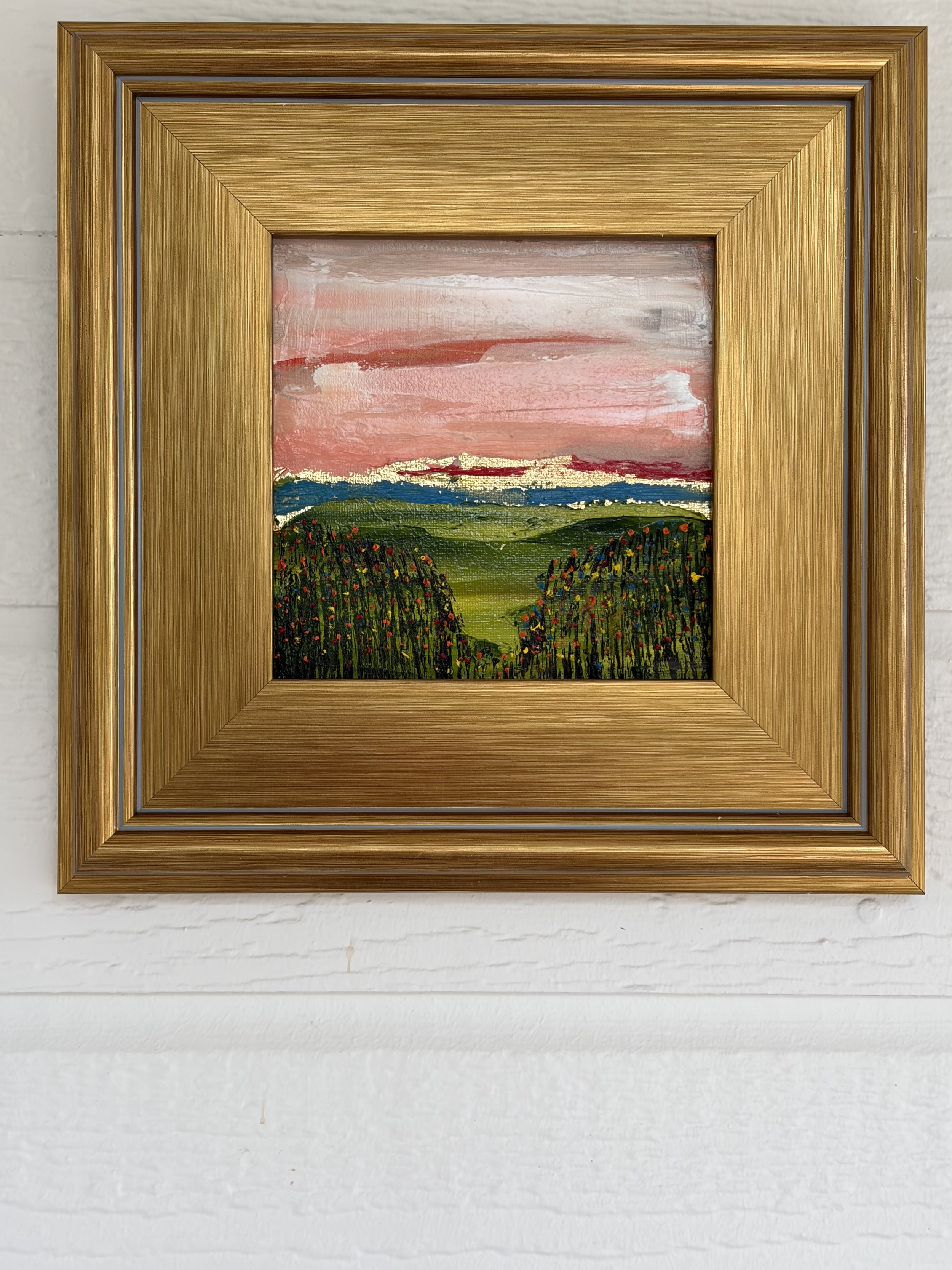 Summer Meadow 6x6 inch original oil painting in gold frame, Sacramento artist Georgina Gilmore