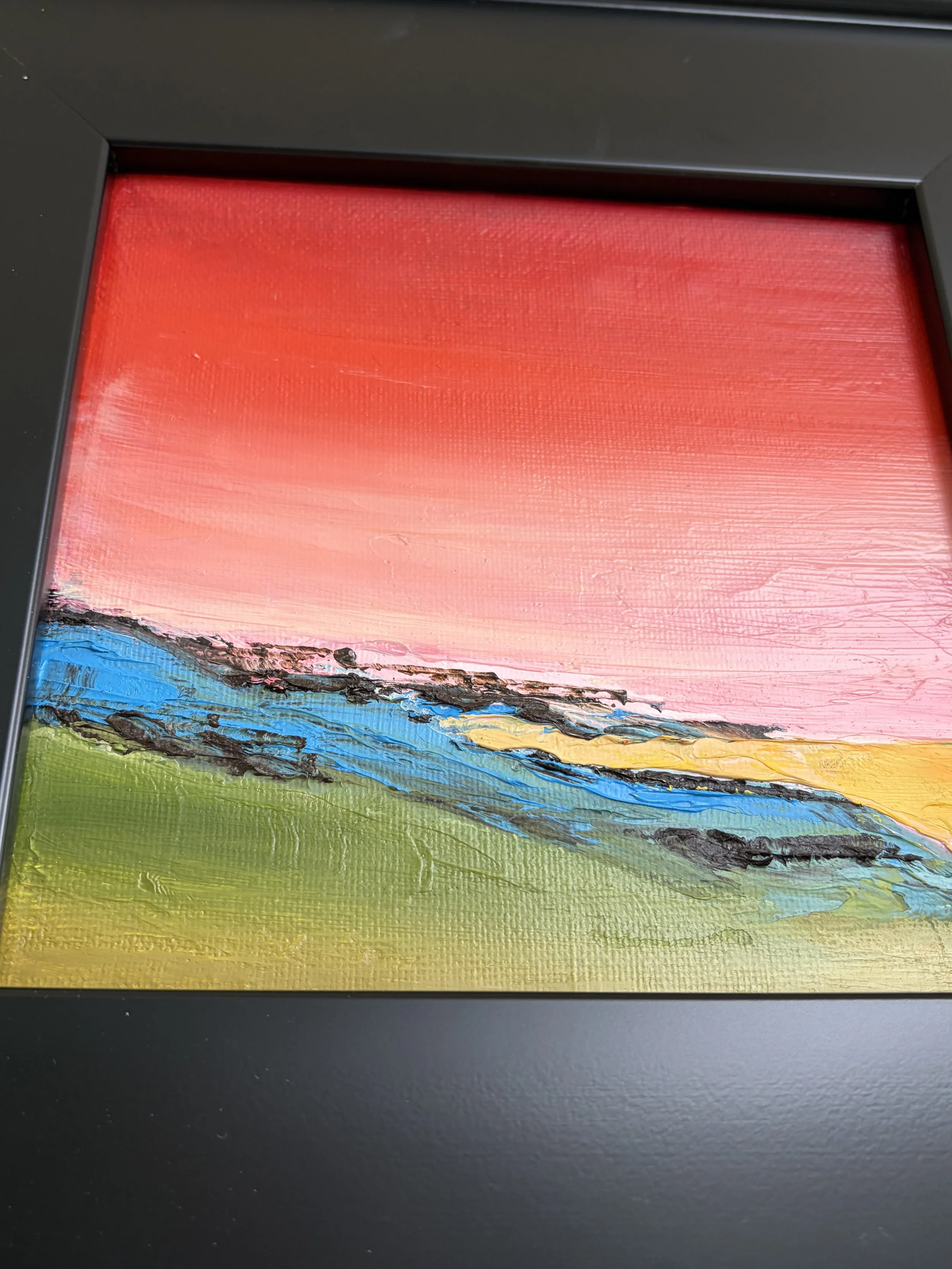 original oil painting North Downs Britain sunset landscape with flowers, 6x6 linen canvas, textured impressionist artwork framed, Georgina Gilmore