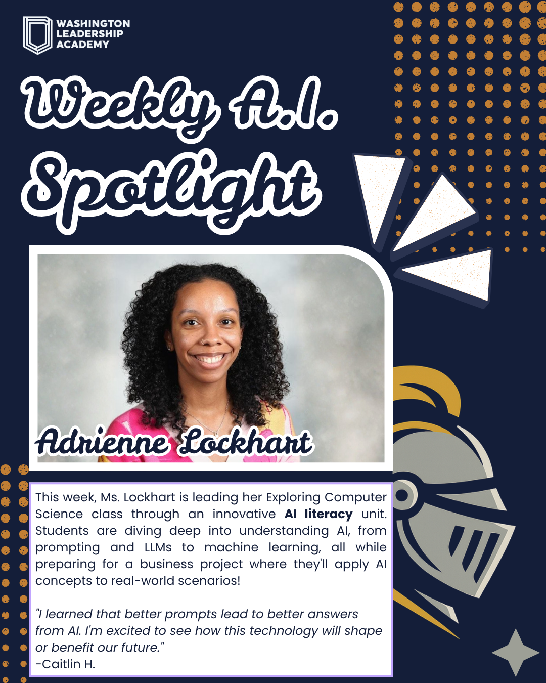 Weekly A.I. Spotlight featuring Adrienne Lockhart, a smiling woman with curly black hair, in a pink and yellow top, with a backdrop of a promotional graphic for the Washington Leadership Academy's exploring computer science class focused on AI.
