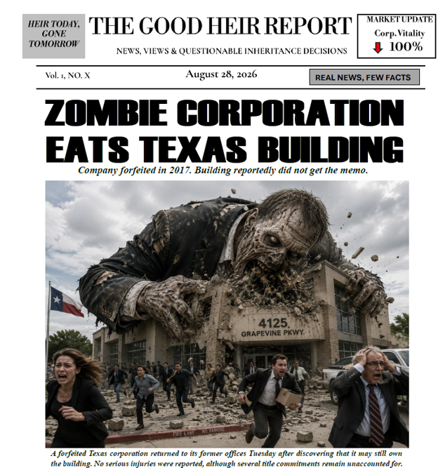A fictional newspaper titled 'The Good Heir Report' with headlines about a zombie corporation eating a building, showing a large zombie figure smashing into a building on Grapevine Parkway, while people run away in panic.