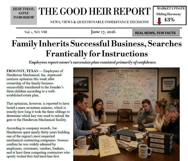 Good Heir Report: Family Inherits Successful Business, Searches Frantically for Instructions