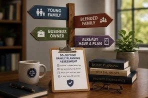 Signpost showing young family, blended family and business owner paths beside a planning checklist