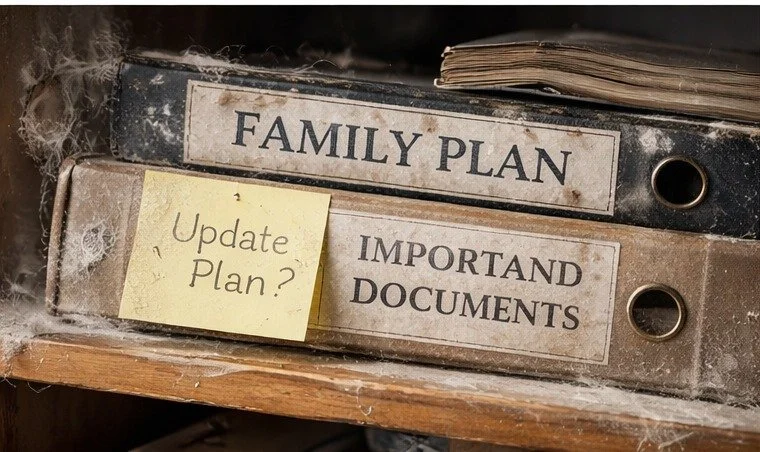 Old binders labeled Family Plan and Important Documents with an Update plan? note