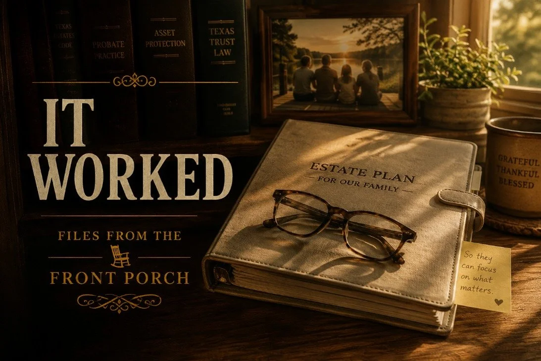 It Worked - estate plan binder and reading glasses on a desk