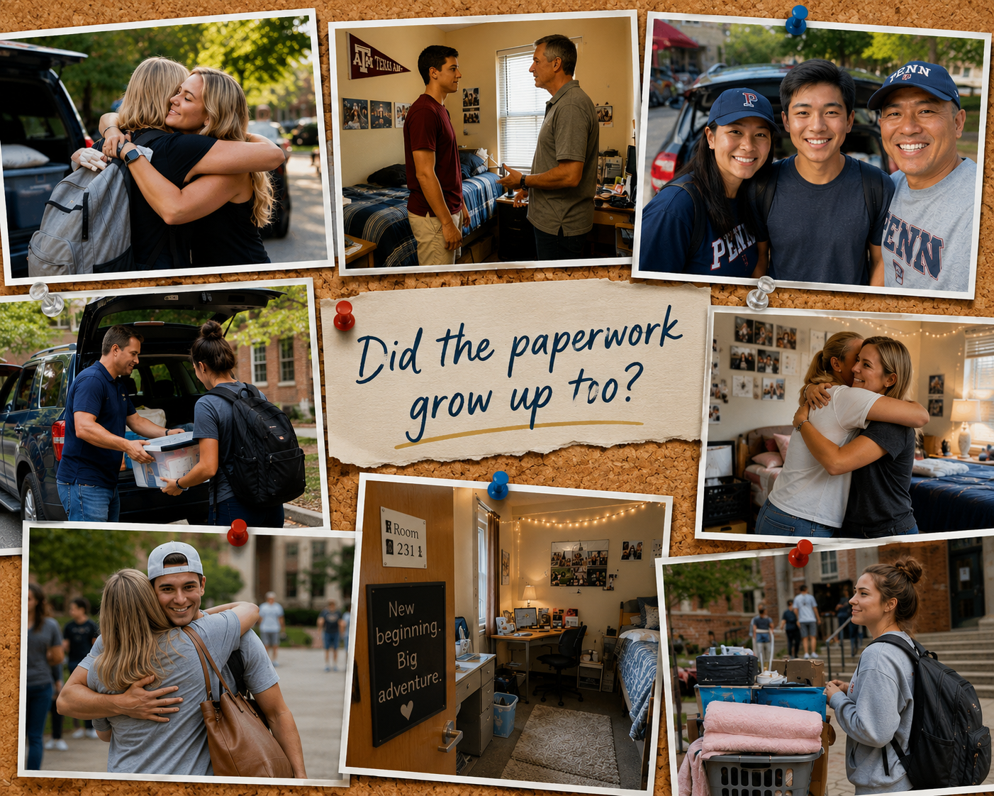 A collage of photos showing people hugging, smiling, and moving into a college dorm room, with a note in the center asking, "Did the paperwork grow up too?" on a corkboard background.