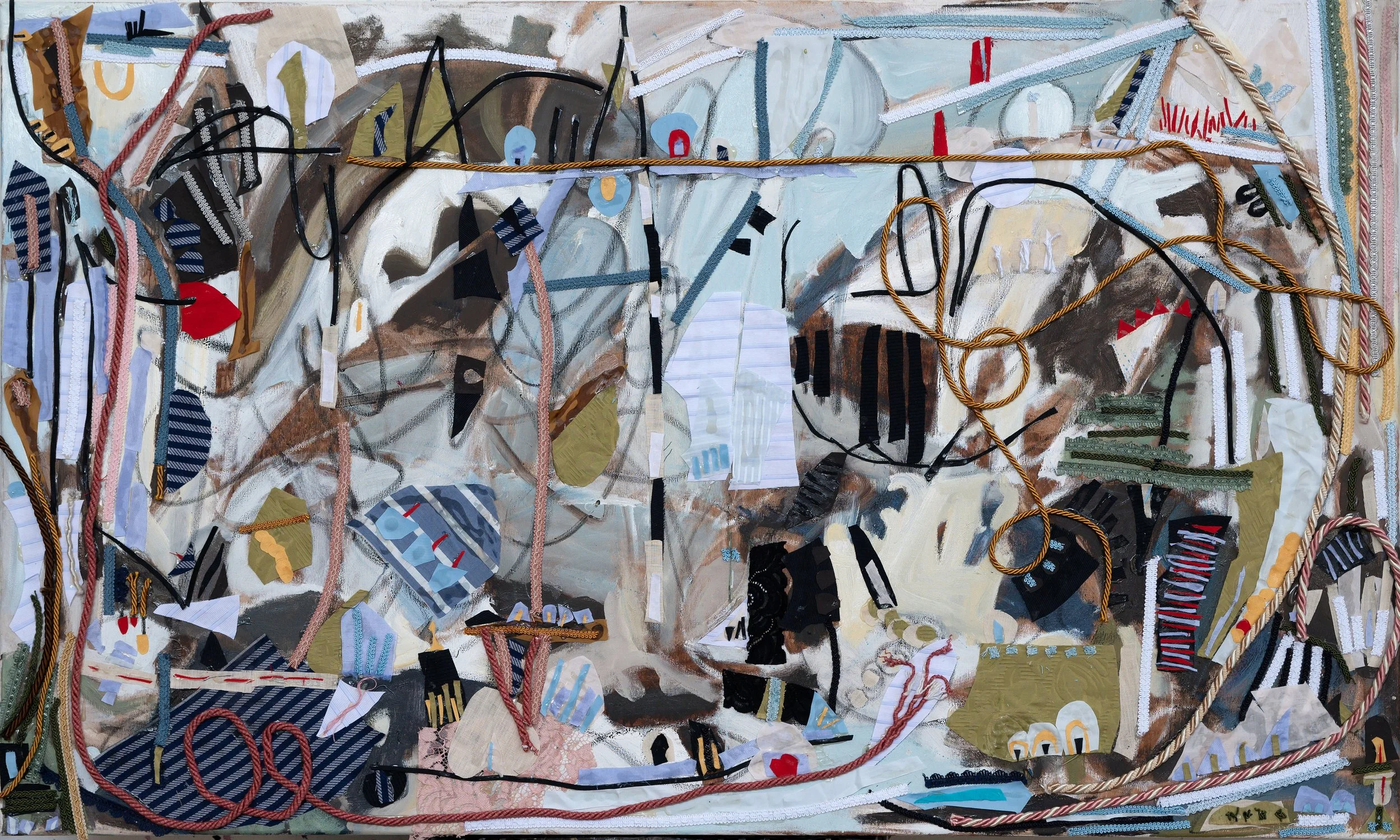 Manifesting,

2024,

Oil and fabric on canvas,

40 x 59 in | 101.6 x 150 cm