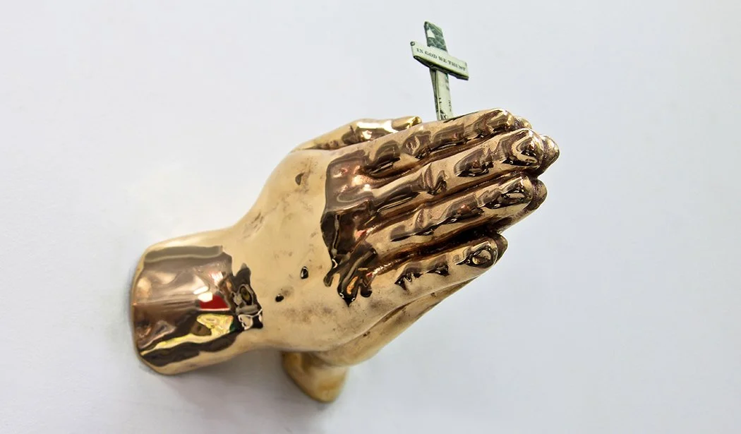 IN GOD WE TRUST EVERYONE ELSE
PAYS CASH - CROSS (side view), 2015, Bronze and Dollar Bills, 6 (slight variation) x 8 x 5 inches (15.2 x 20.3 x 12.7 cm)