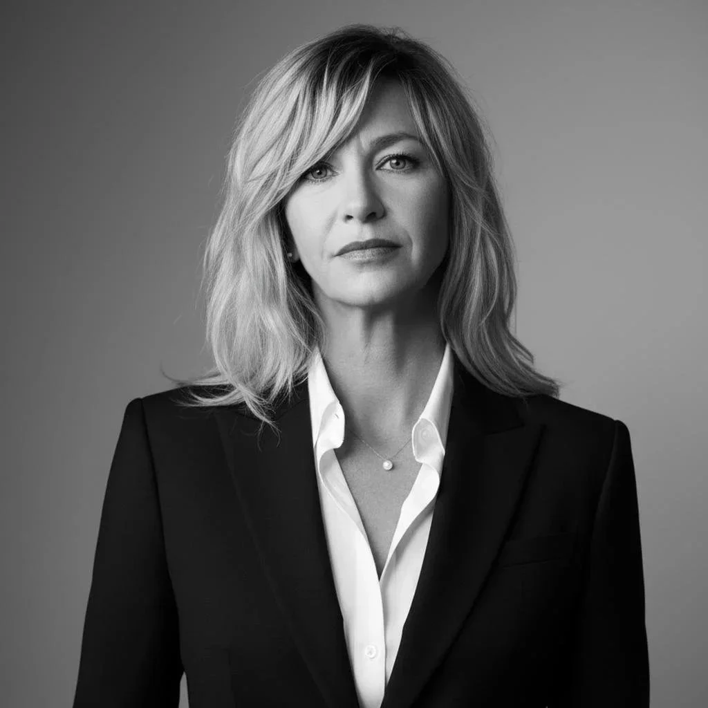 Black and white portrait of a woman with blonde hair, wearing a dark blazer over a white shirt, looking directly at the camera.