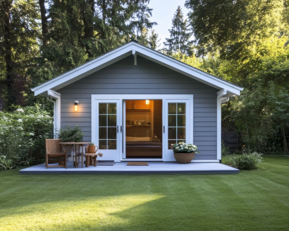 A small gray house with white trim and glass sliding doors, surrounded by green lawn and trees, with outdoor furniture and potted plants on the porch.