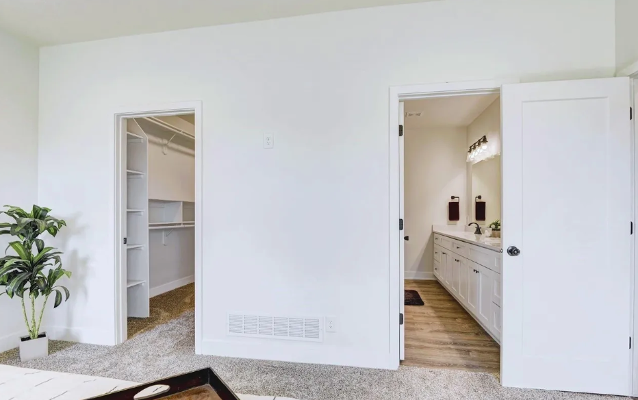 View of a bedroom with a walk-in closet on the left and a bathroom door on the right, featuring a white double vanity and wood flooring.
