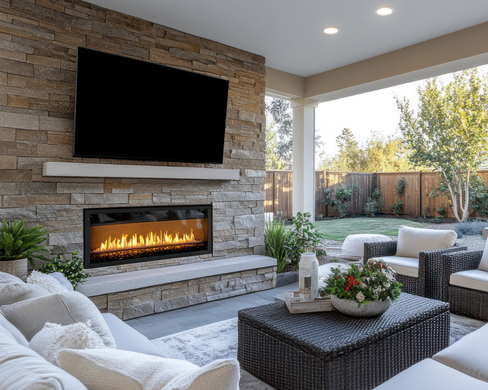 A cozy outdoor seating area with a stone fireplace and a large flat-screen TV mounted above it, surrounded by cushioned wicker chairs and potted plants, overlooking a backyard with trees and a wooden fence.