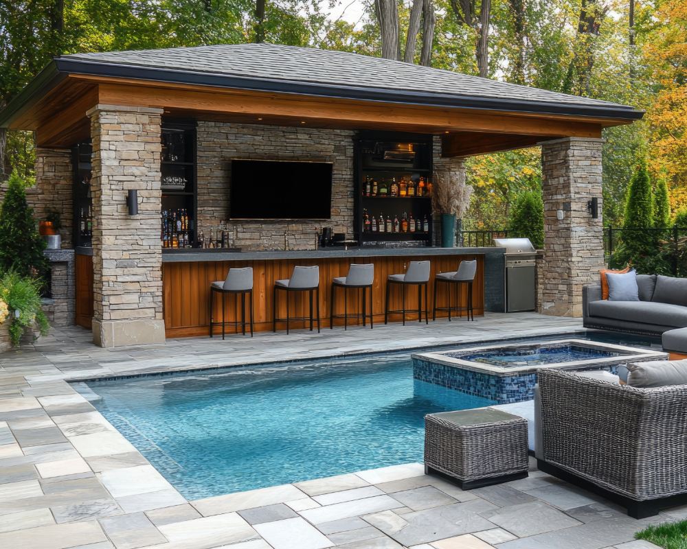Outdoor backyard with pool, hot tub, and a covered bar area with bar stools, TV, and shelving, surrounded by trees.
