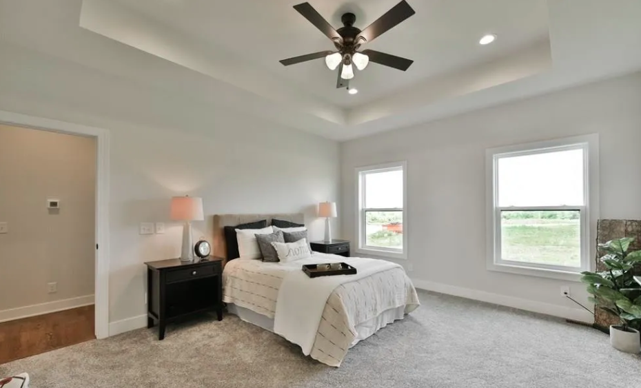A bedroom with a bed, two nightstands with lamps, and a ceiling fan. Two windows showing an outdoor view, and a potted plant on the right.